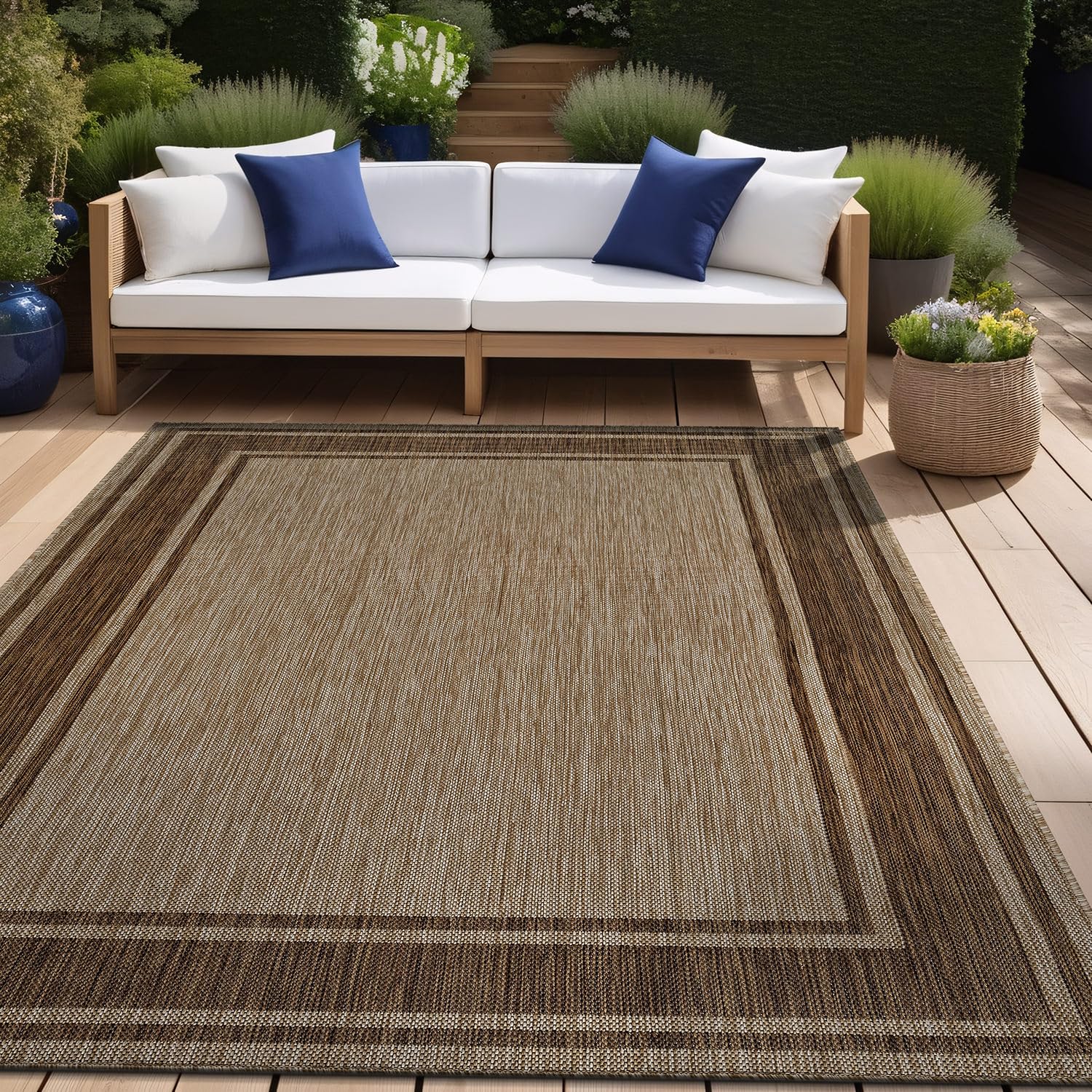 Beverly Rug Large Outdoor Rug 10x14 Modern Bordered Area Rugs for Indoor and Outdoor Patio Deck Porch Garden Waterproof Weather Sun Resistant Washable