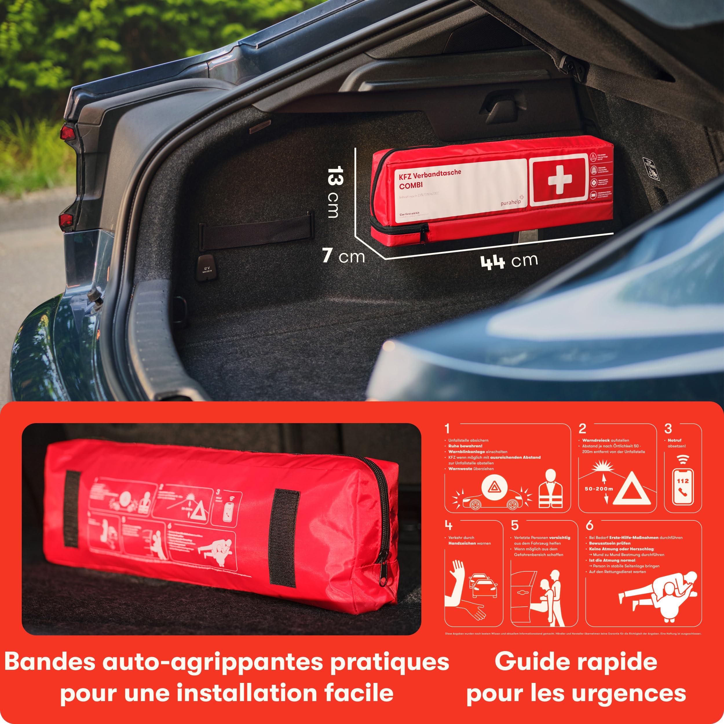 3-en-1 Kit Securite Voiture - Avec Triangle Voiture, Gilet Jaune et Trousse Premier Secours - Conforme Norme DIN 13164 - Triangle de Signalisation Voiture - Triangle et Gilet Jaune pour Voiture