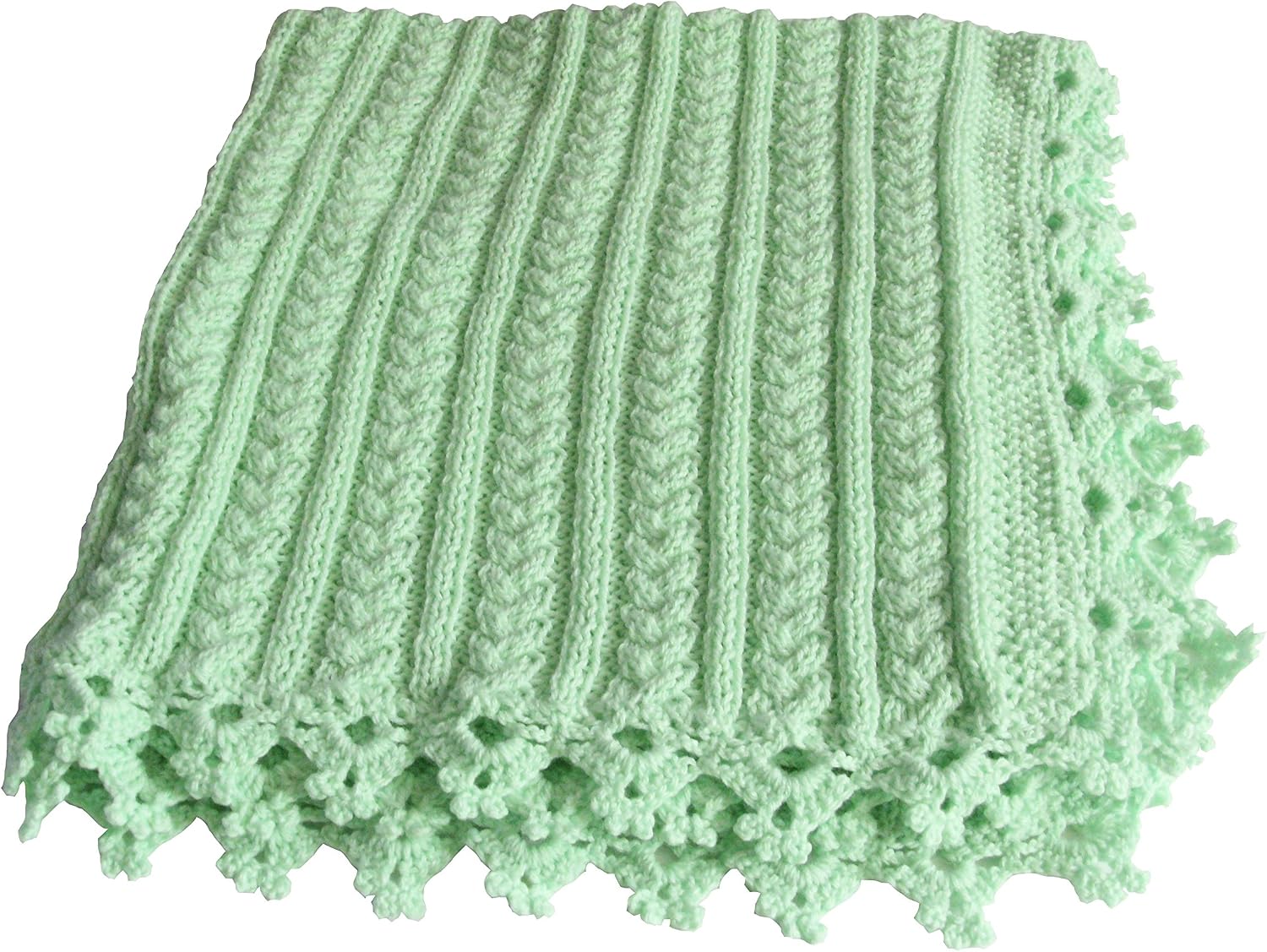 Knitted Hand Crochet Finished Pink Cotton White Chenille Trim Baby Blanket