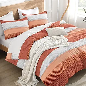 Litanika Burnt Orange California King Comforter Set - 3 Pieces Boho Terracotta Cal King Oversized Lightweight Summer Rust Colorblock Stripe Bedding Set (104x96In, 2 Pillowcases)