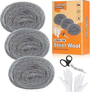 SelfTek Steel Wool for Mice Control, 15 Meter Wire Wool Mice Blocker for Rodent Control, Cleaning, Wall Hole Gap Filler for Home & Garage, DIY Bundle with Gloves and Scissors- 3 Pack, 2.9" x 16.4 ft