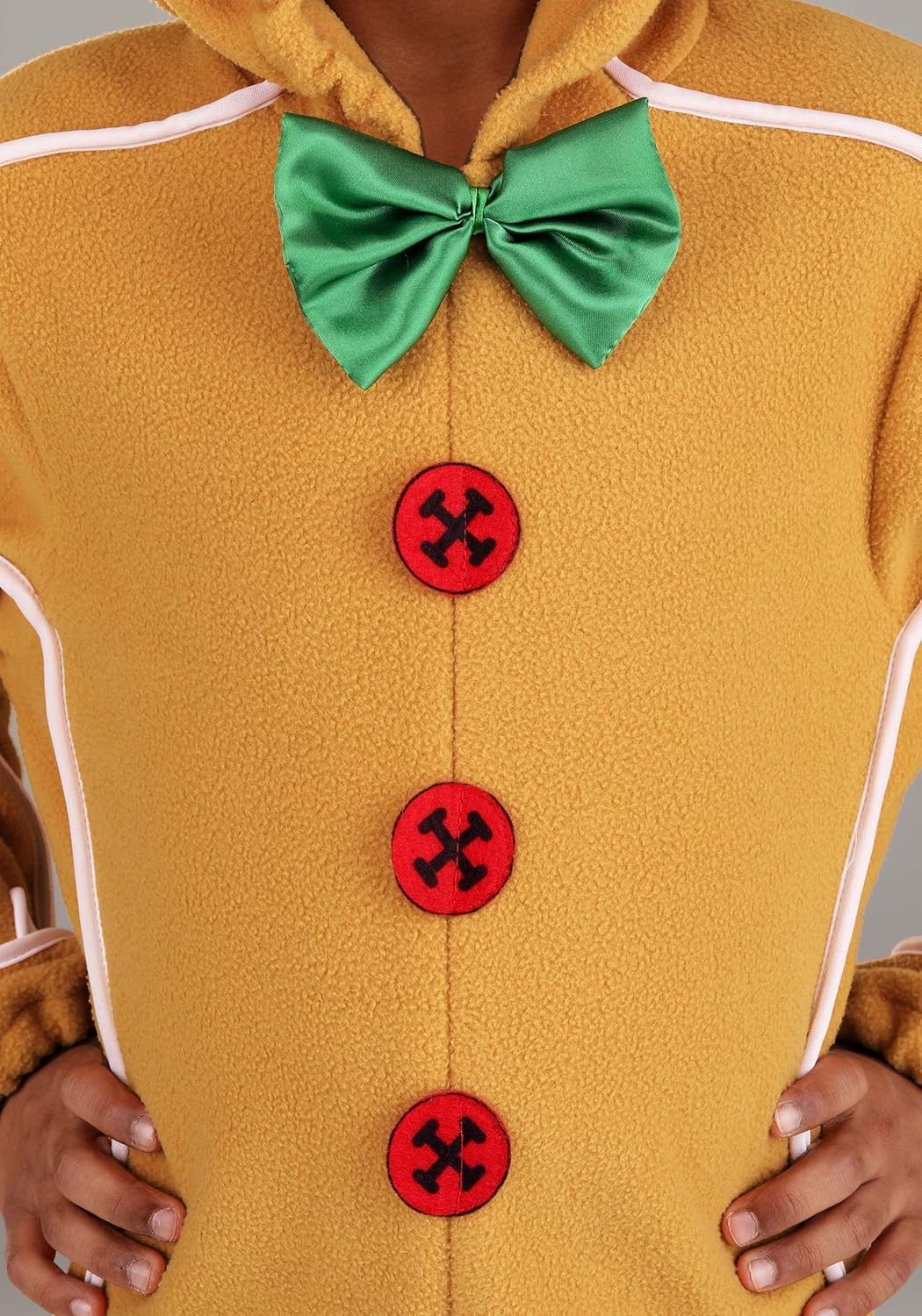 Toddler Gingerbread Man Costume | Cozy Hooded Holiday Jumpsuit, Satin Bow, Red Buttons - Image 3