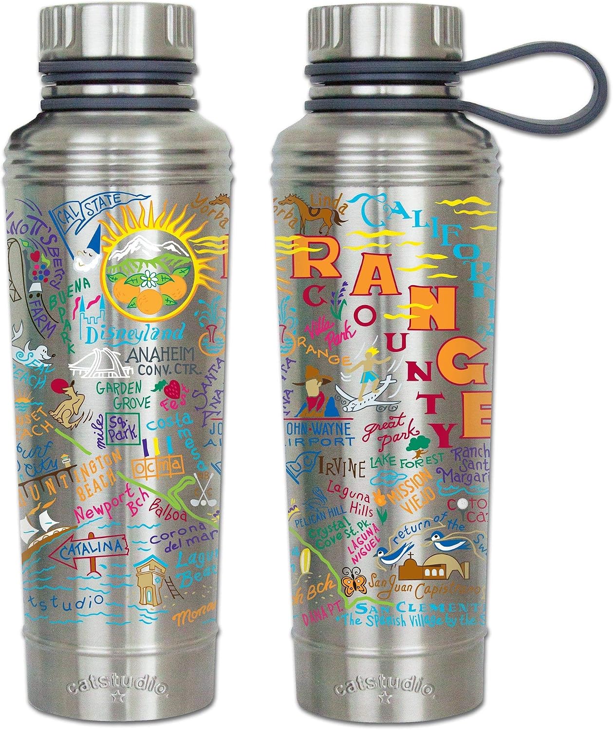 Catstudio Orange County Stainless Steel Water Bottle | Triple Wall Insulation With Non Slip Bottom | Great For Running, Hiking, Sports, & Travel
