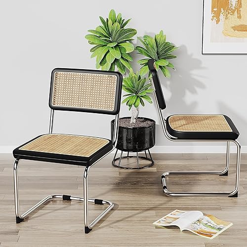 Miniatura 3 de Juego de 2 sillas de comedor de ratán modernas de mediados de siglo con respaldo tejido de ratán natural y asiento, sillas laterales tapizadas sin