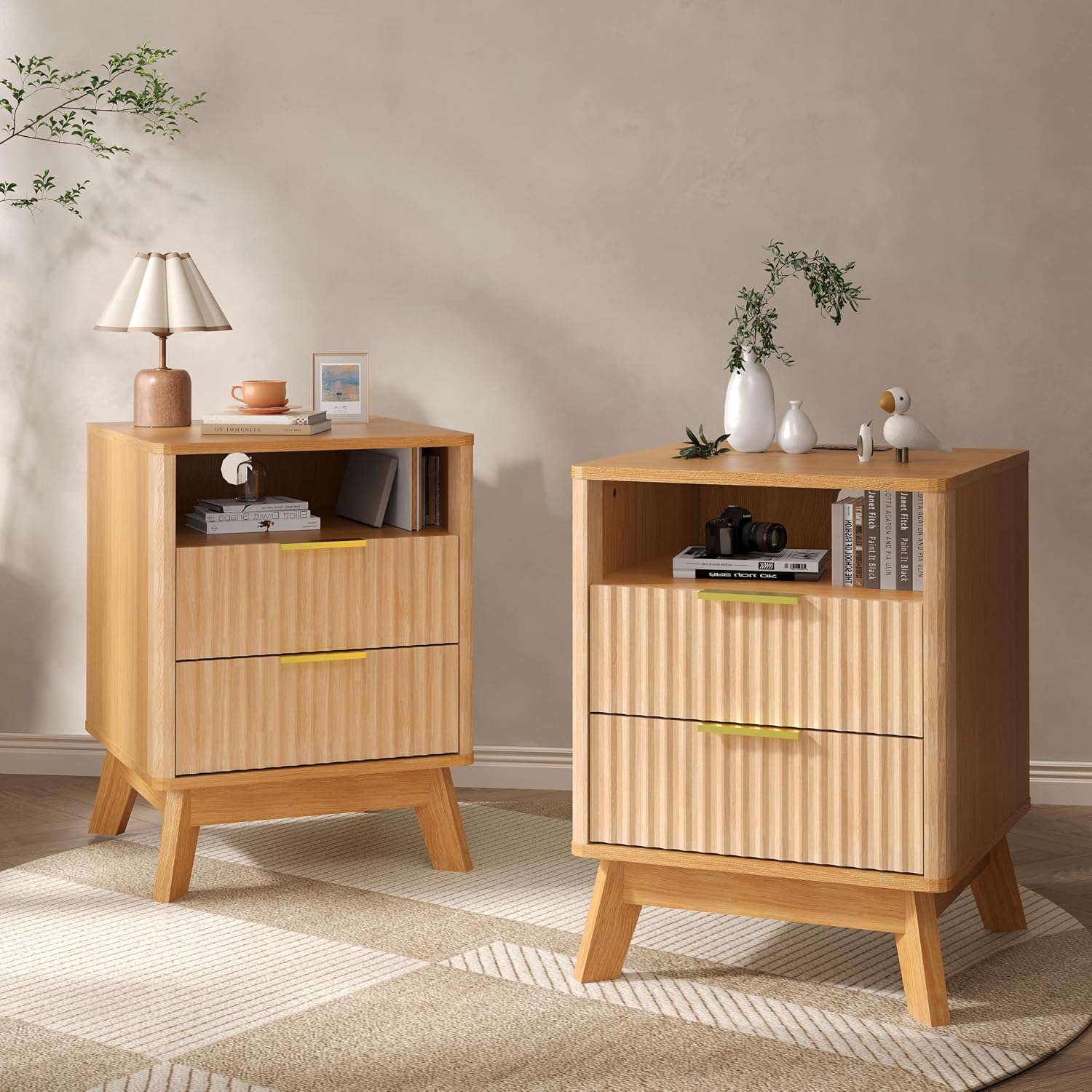 2 Pack 18" Modern Fluted Nightstand with Charging Station, Curved Profile Side Table with 2 Drawers, Multi-Functional End Table for Bedroom & Living Room,Natural Oak