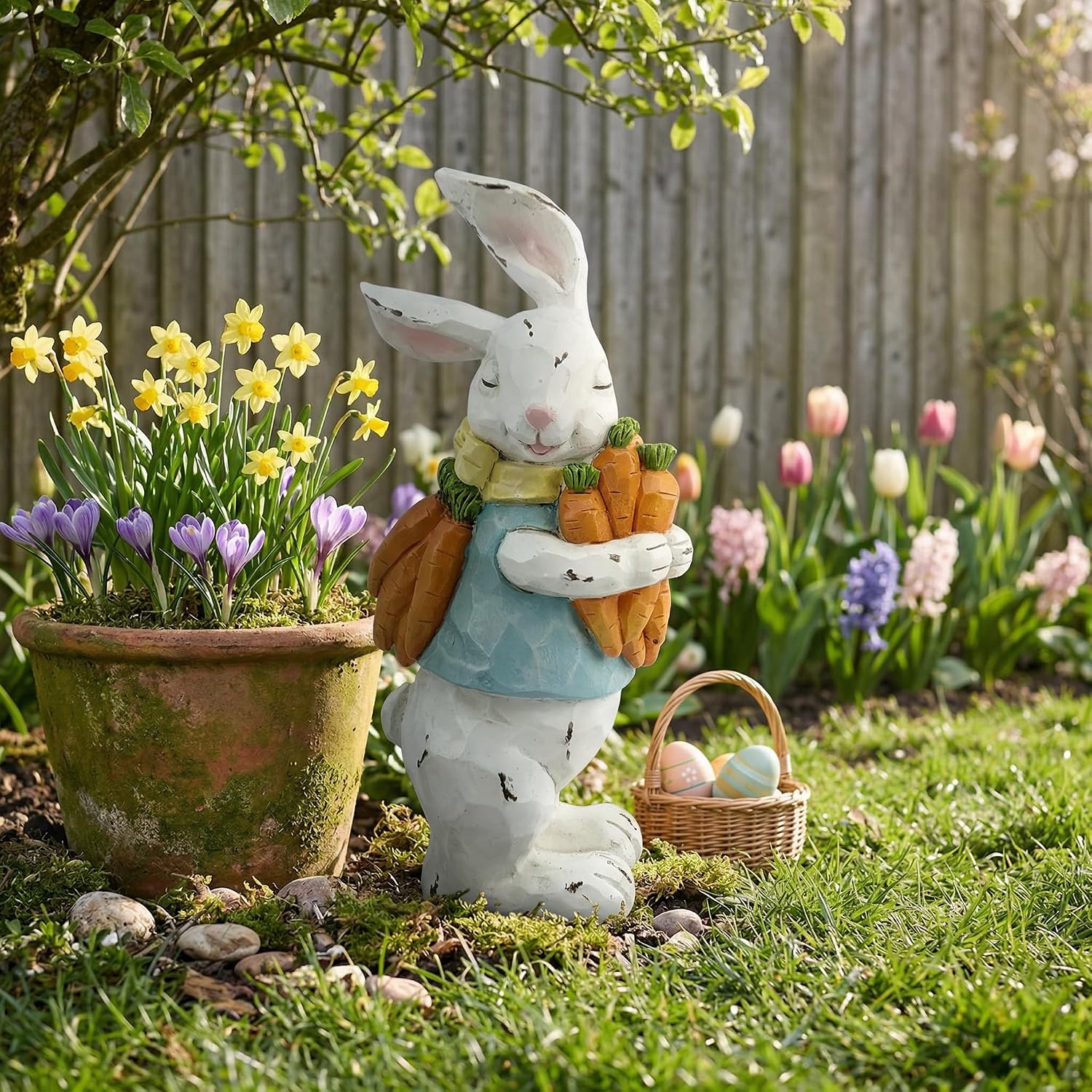 GoGnome Easter Decorations Bunny Resin Figurine with Carrots – 9.3'' Hand-Painted Rabbit Outdoor Statue, Spring Farmhouse Garden Decor for Easter, Mantel, Shelf, or Gift (White/Blue/Orange)
