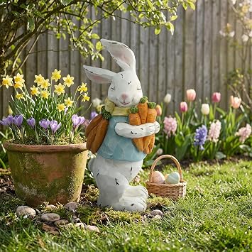 GoGnome Easter Decorations Bunny Resin Figurine with Carrots 9.3'' Hand-Painted Rabbit Outdoor Statue, Spring Farmhouse Garden Decor for Easter, Mantel, Shelf, or Gift White/Blue/Orange