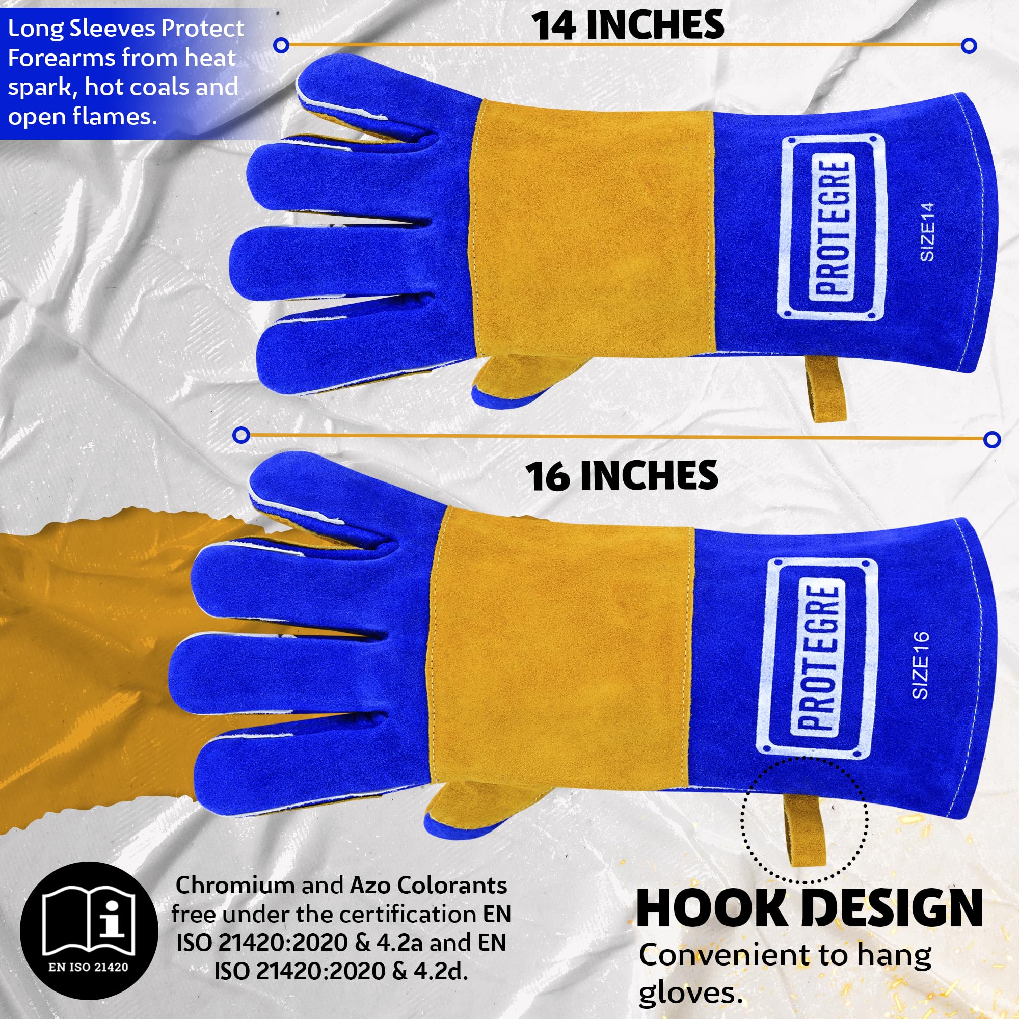 Guantes de soldadura de 16 pulgadas, cuero vacuno resistente al calor y al fuego, costuras de Kevlar, protección de 500.0 °C para MIG, palo, forja, chimenea, barbacoa, estufa de leña