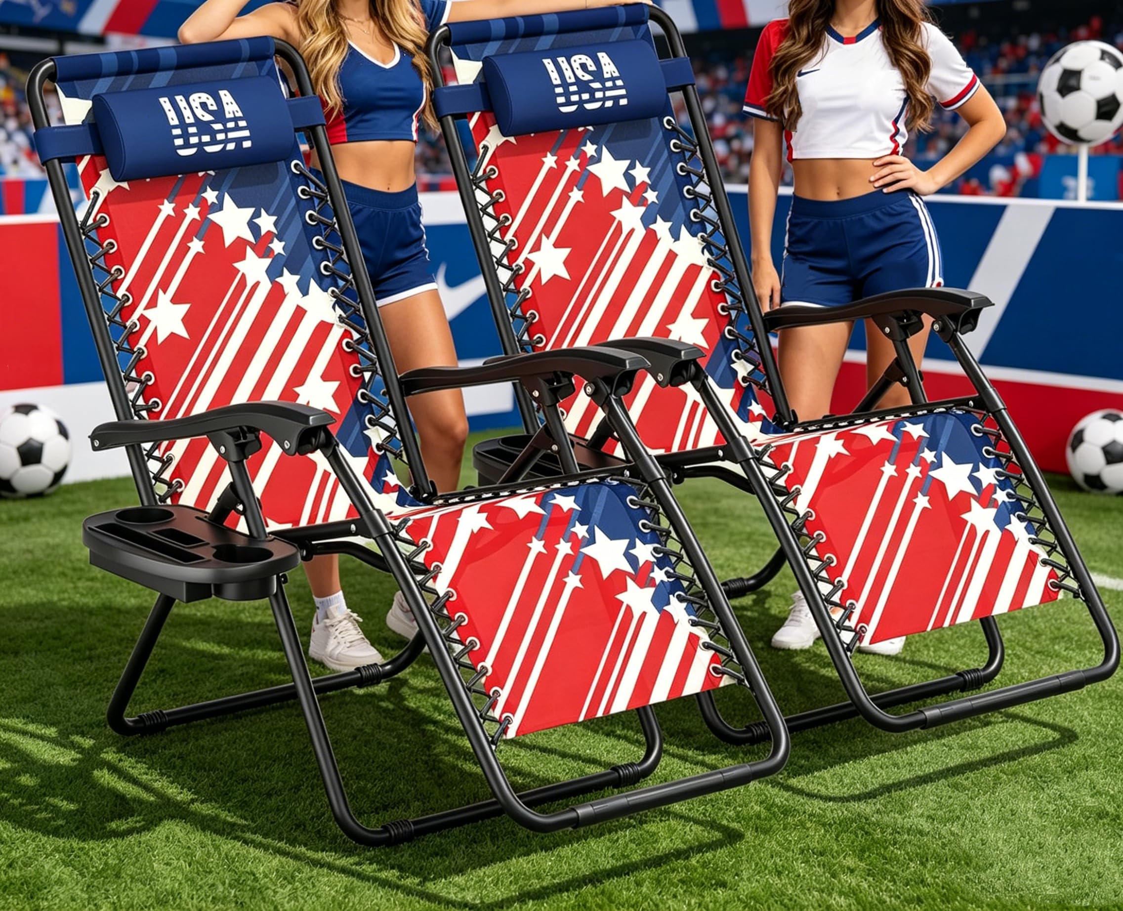 Photo 1 of Zero Gravity Lounge Chair Set of 2, 25" Wide Adjustable Folding Outdoor Recliner for World Cup 2026, 95–160° Recline, 330LBS Capacity with Pillow and Cup Holder, Striped Star-Inspired Design | minor Scratches