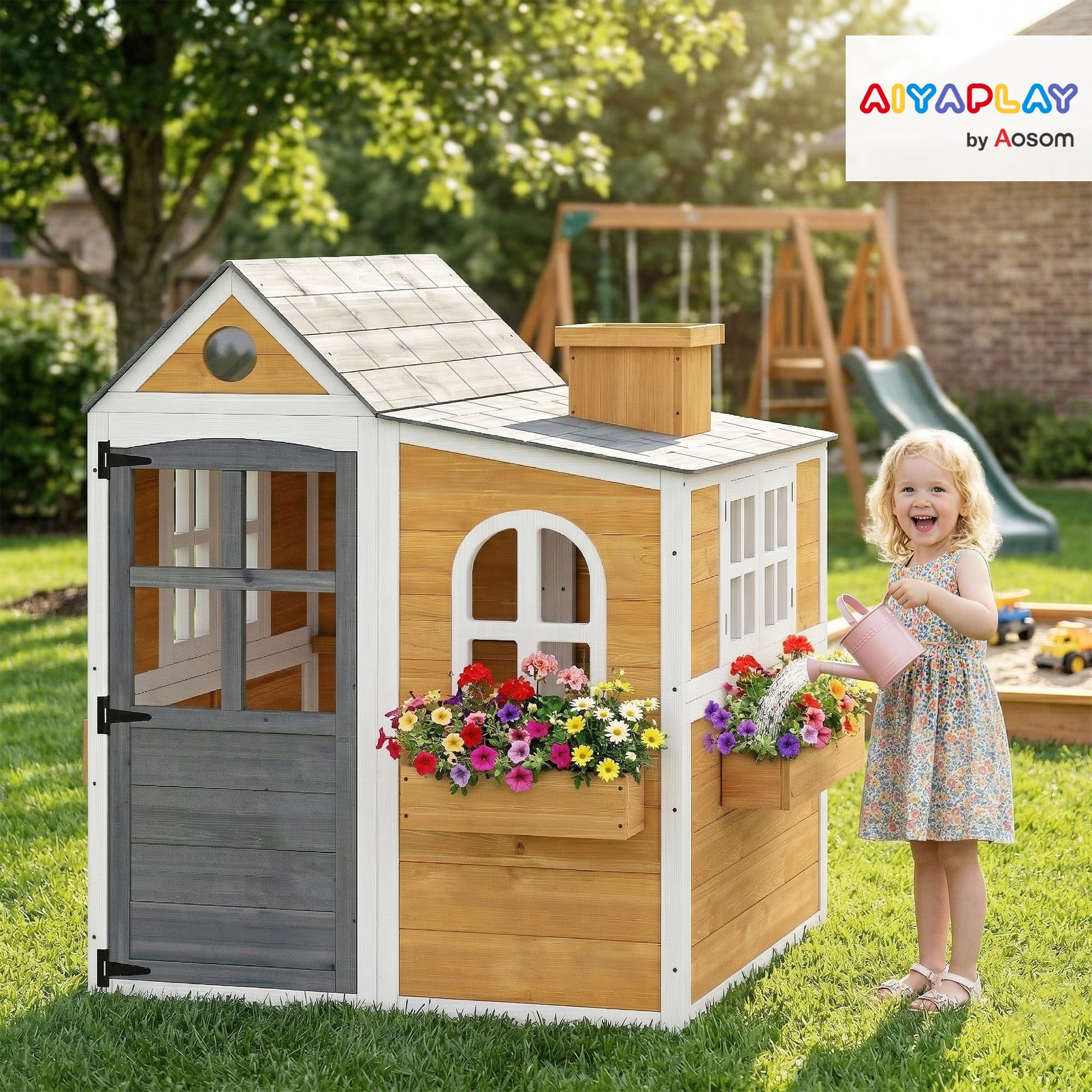 AIYAPLAY Kinderhütte für den Außenbereich, Holz, 3-6 Jahre, 125,5 x 119 x 126 cm, Gelb | Kinderhaus für Außen/Innen, Tür, Fenster, 3 Blumenkästen, wetterfest, Spielhaus