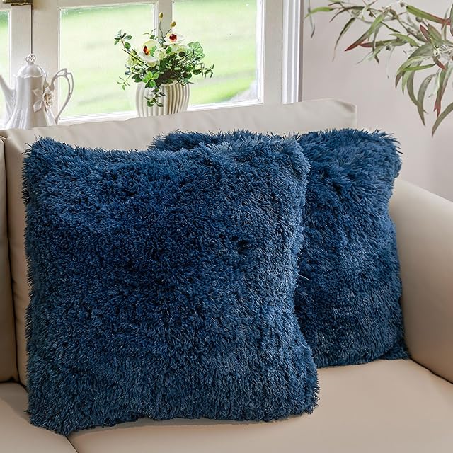 Cheer Collection Set of 2 Shaggy Long Hair Throw Pillows - Super Soft Faux Fur Pillows for Sofa & Bed - Machine Washable - 18" x 18" - Navy Blue