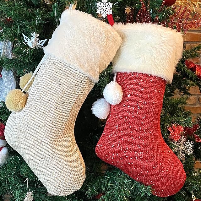 Mauts 20-inch white and red Christmas stockings,used for gift box mantel decoration party Christmas.