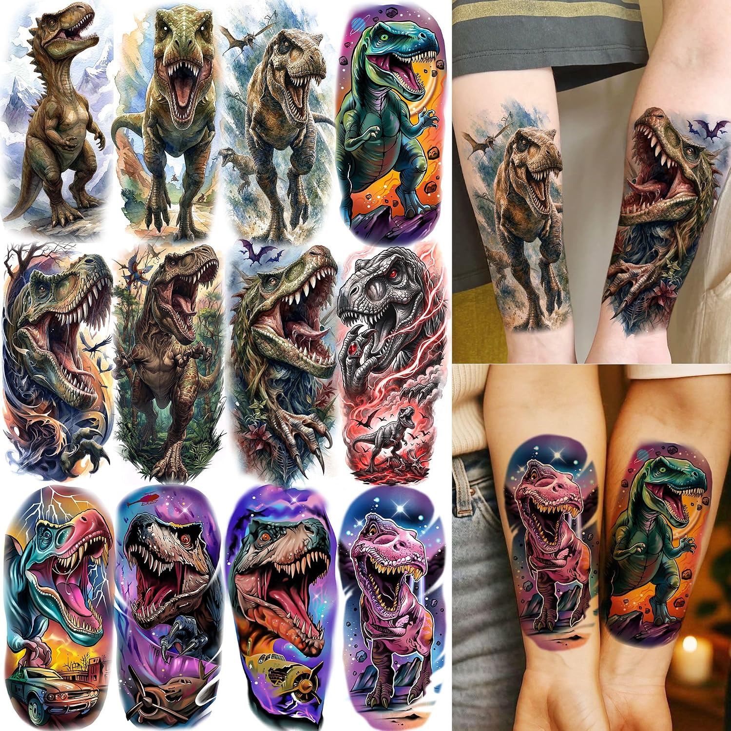 VANTATY 12 Sheets Watercolor Dinosaur Temporary Tattoos For Kids Men Women Adults Forearm Tattoo Sticker, Realistic 3D T-Rex Fake Tattoos For Boys Girls Teens Children Tattoos Long Lasting Waterproof