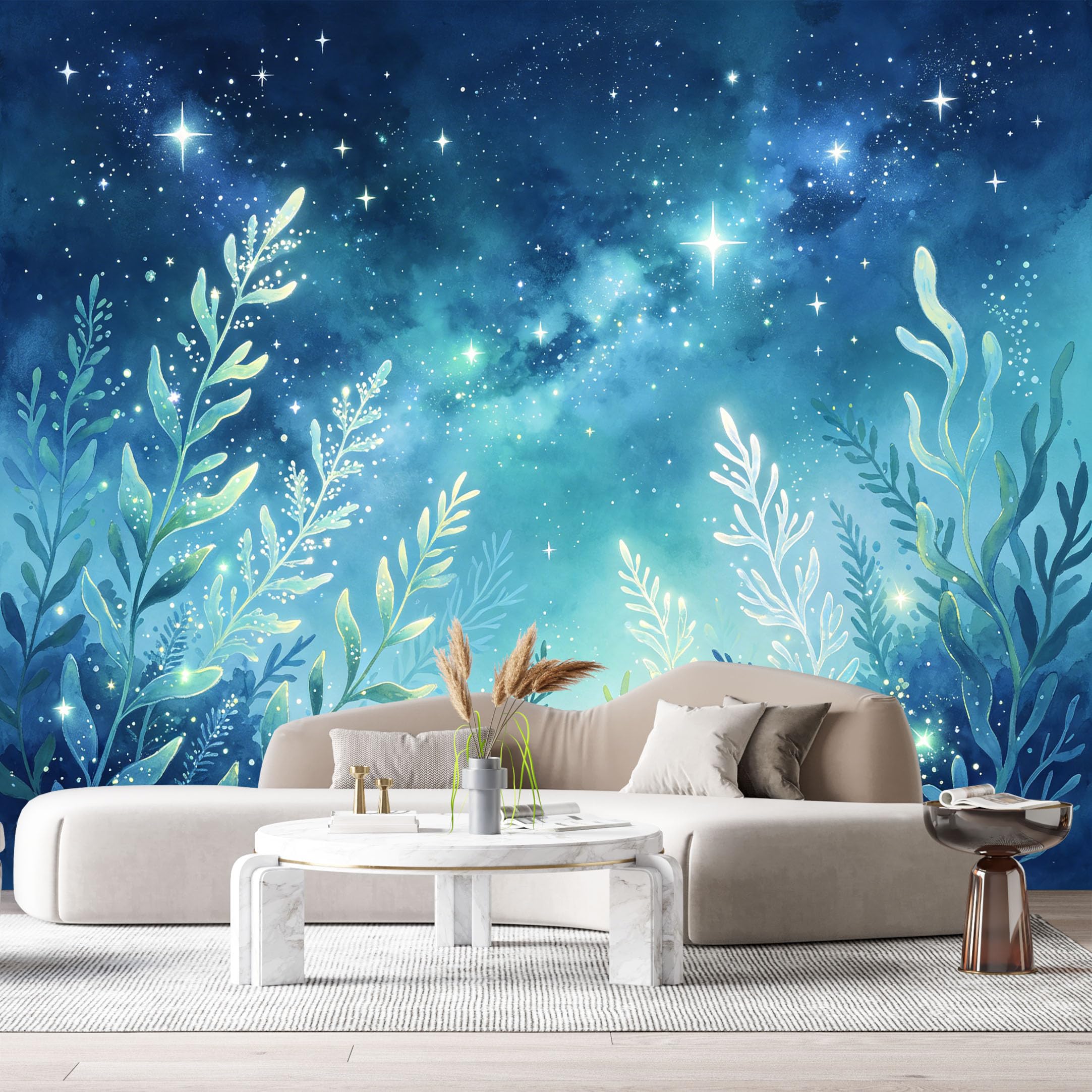 Custom Size Wall Murals Night Sky Botanical Watercolor Glowing Stars SelfAdhesiveWall Fabric Removable Wallpaper Wall Decor for Living Room Bedroom Bathroom