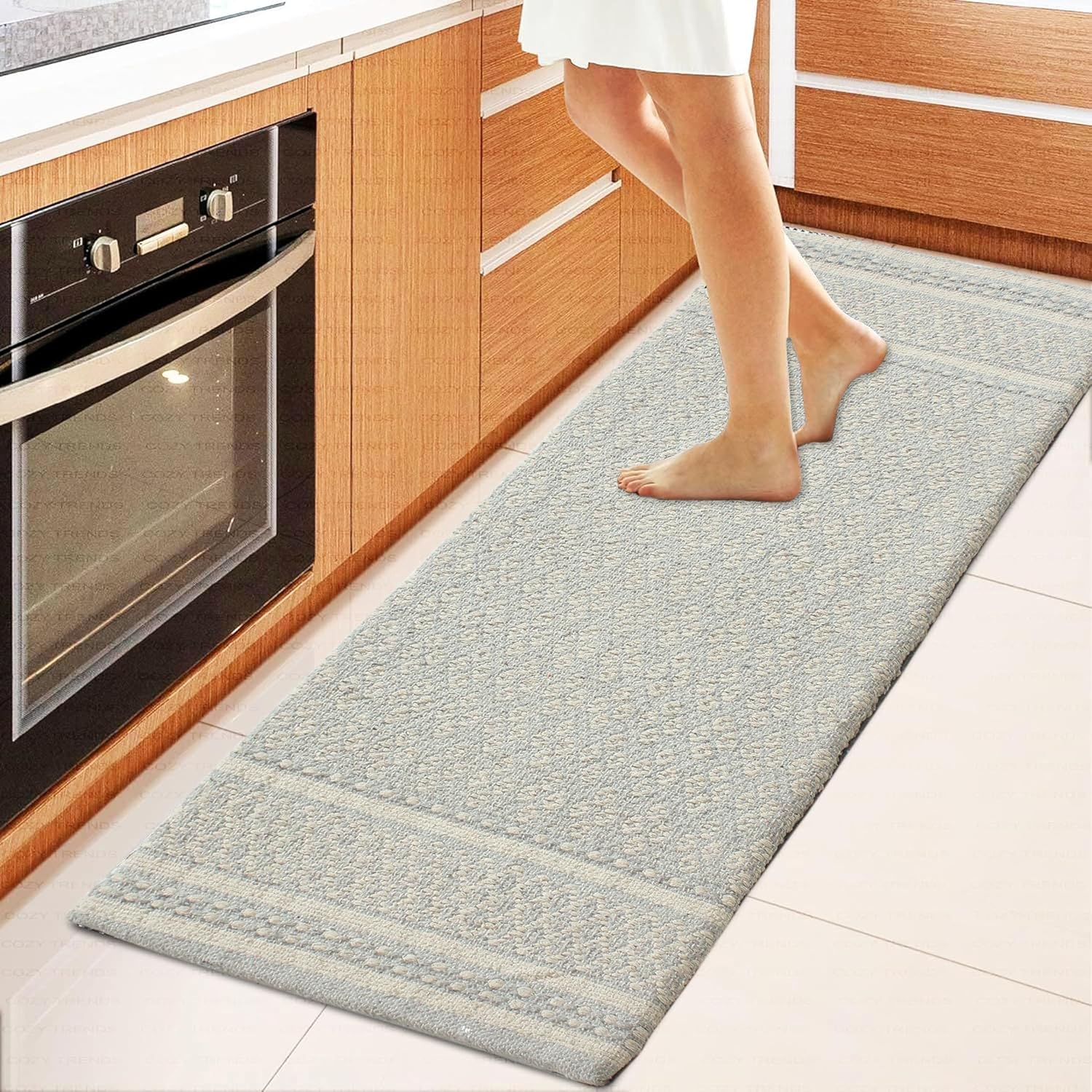 COZY TRENDS Cotton Woven Anti-Fatigue Cushioned Kitchen Mat Runner Working Mat Rug Anti Slip (18''x48'') Comfort and Style (Blue)