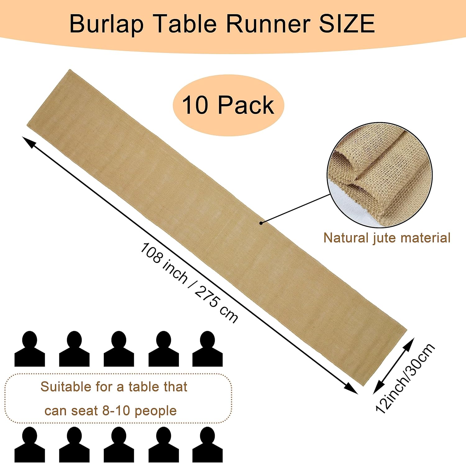 10 Pack Natural Burlap Table Runners,12 x 108 Inch Rustic Jute Table Runner and Placemats Bulk for Western Wedding Table Decorations,Farmhouse Style Party,Thanksgiving,Kitchen Coffee Table Decor Cover