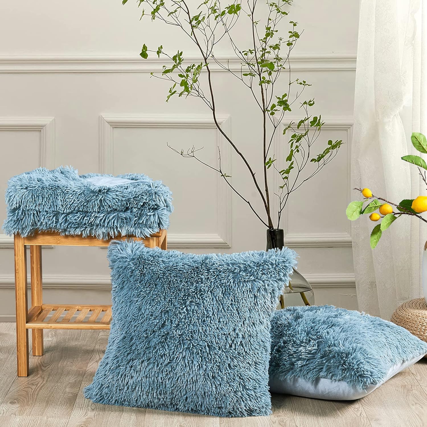 Shaggy Faux Fur 60" x 80" Plush Throw Blankets with Two 20" x 20" Pillow Covers (NO Inserts) 3 Piece Set, Soft Luxury Furry Shaggy Throw with Micromink Back for Couch Bed, Blue