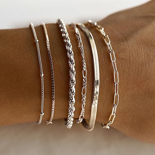 Vista 3 de DEARMAY Pulseras de oro para mujer, impermeables, juegos de joyas de oro real de 14 quilates para mujer, modernas, finas, delicadas, apilables