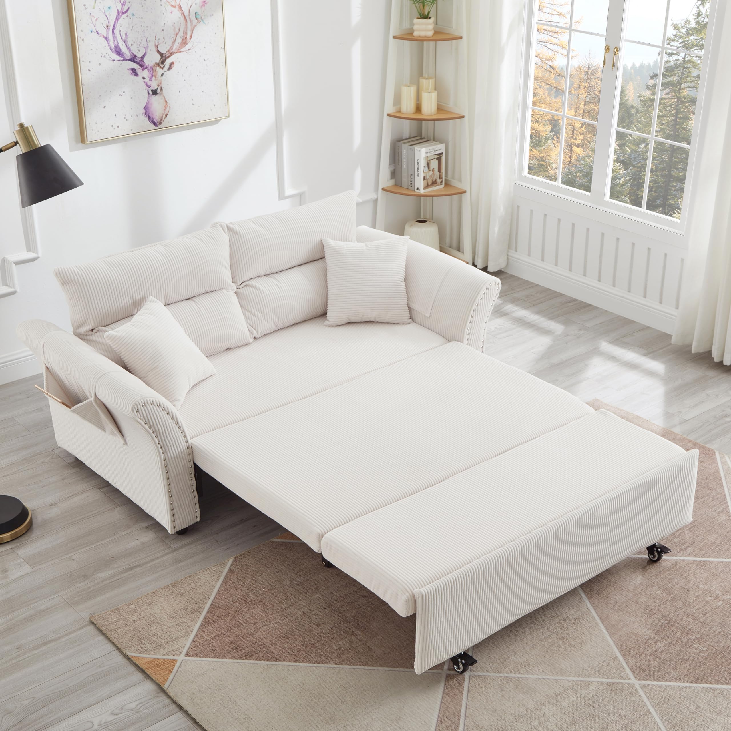64" Queen Pull Out Futon Sofa Bed with USB Ports, 3-in-1 Modern Convertible Sleeper Sofa with Side Pocket ＆ Rivets, Comfy Corduroy Loveseat Couch for