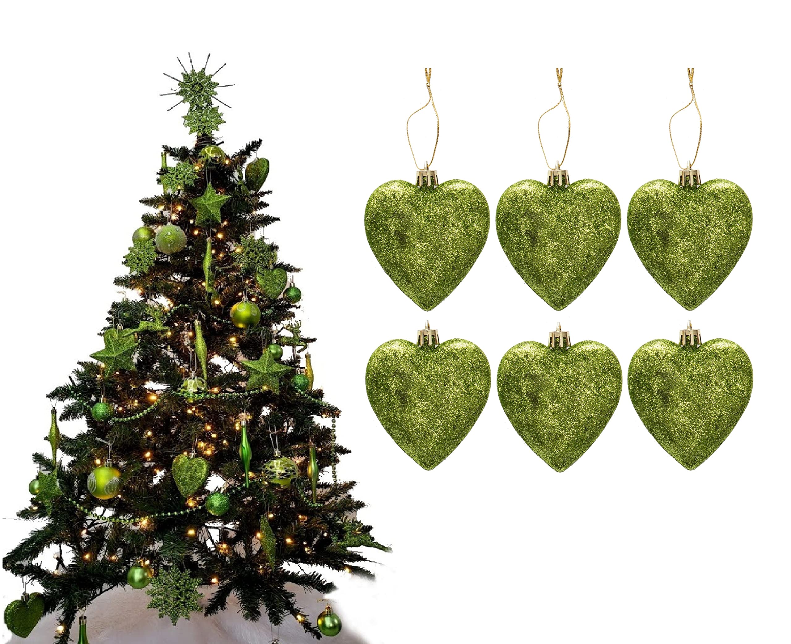 Simply Products Lime Glitter 6 Heart Baubles - Great Christmas Tree Decorations, Glitter Heart Baubles (Lime Glitter)