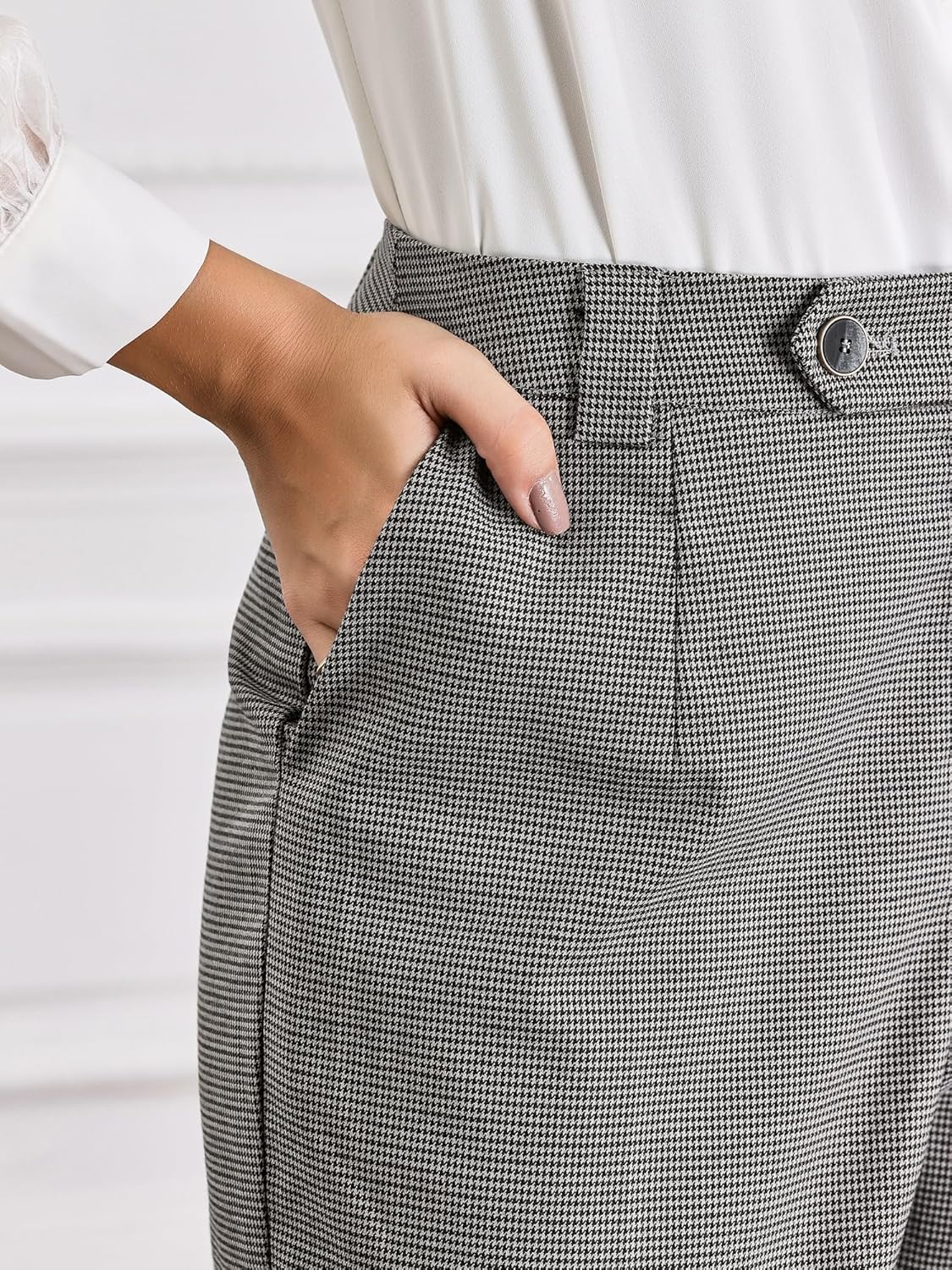 Women's Plaid Work Pant Vintage Houndstooth Tartan Straight Long Trousers - Image 4