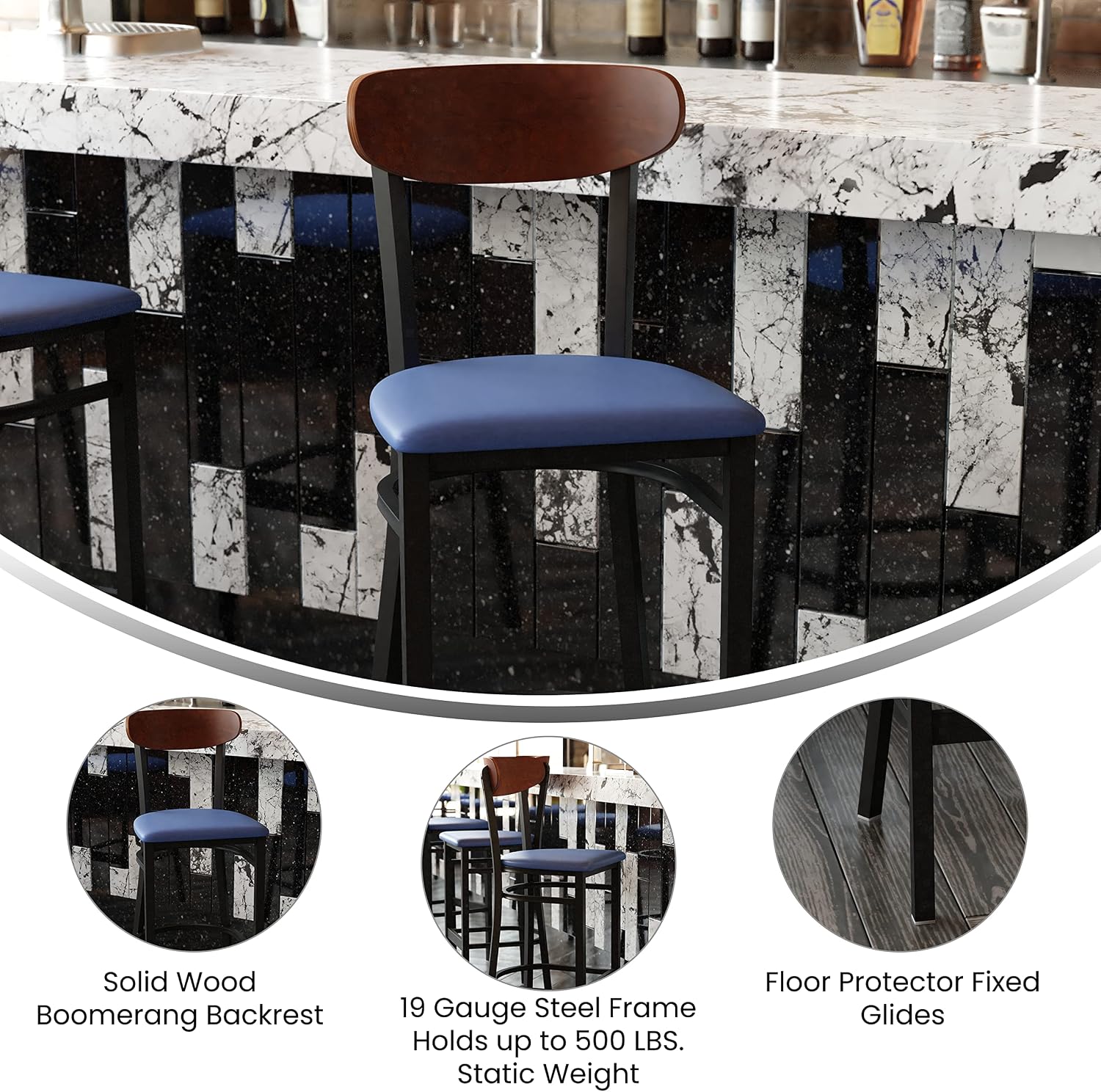 EMMA + OLIVER Yara Industrial Stool - Blue Padded Vinyl Seat - Powder Coated Steel Frame - Wood Backrest - Floor Glides - 500 lb. Static Weight Capacity - Set of 2