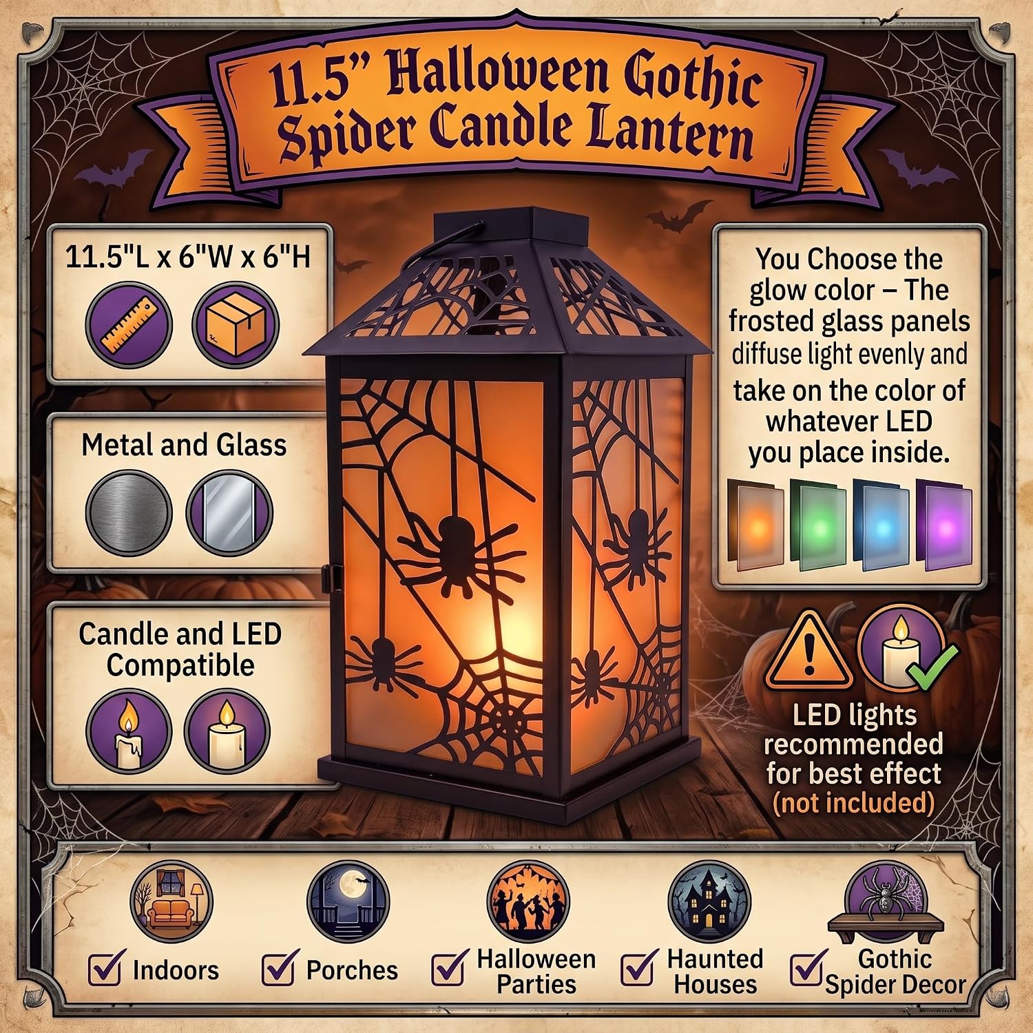 Halloween Candle Lantern Decorations for Indoors or Porch, Spooky Spider