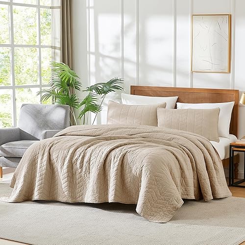 Miniatura 3 de palassio Juego de ropa de cama de 100 % algodón de color beige oscuro, tamaño California California King con fundas de almohada, colcha ligera y