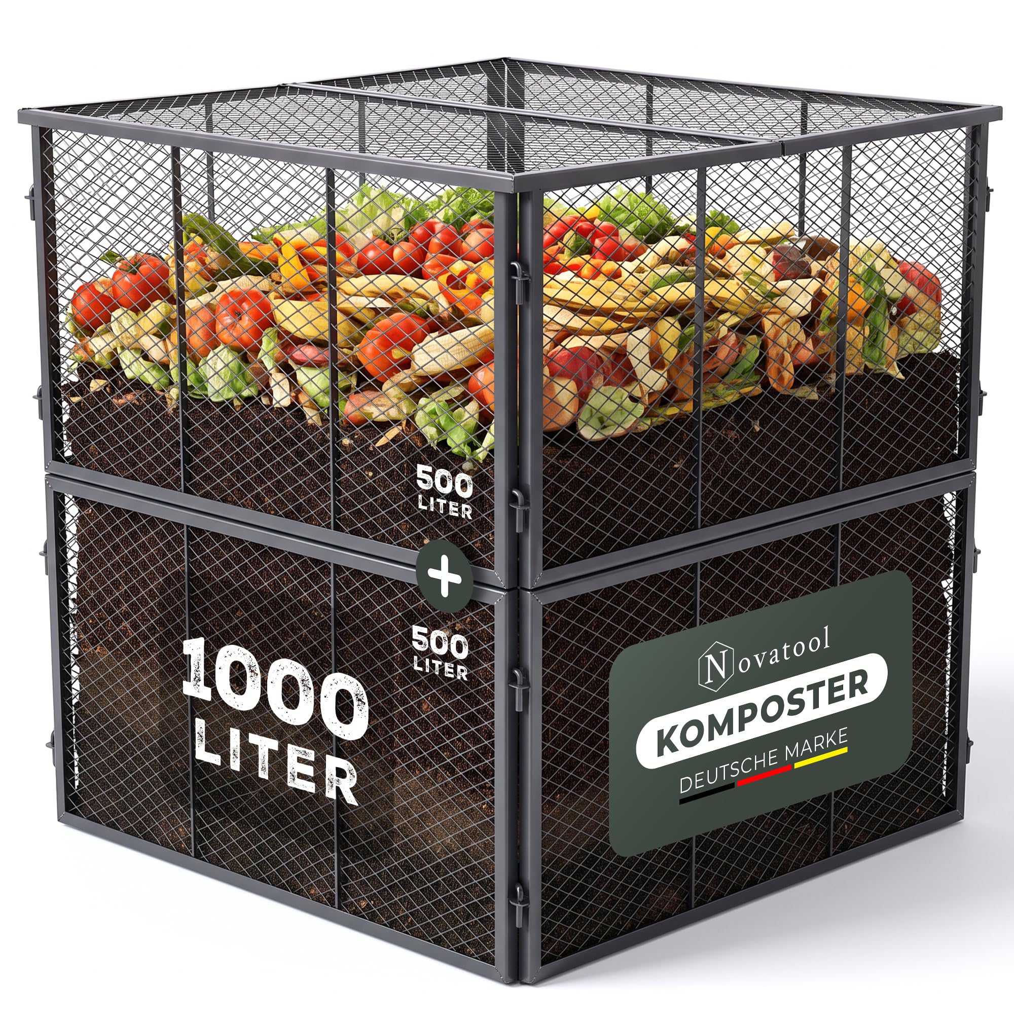 Novatool Compostador de jardín de metal, 100 x 100 x 100 cm, con sistema de ranuras ampliable, compostador de metal recubierto de polvo con 1000 litros de volumen, compostador de alambre para