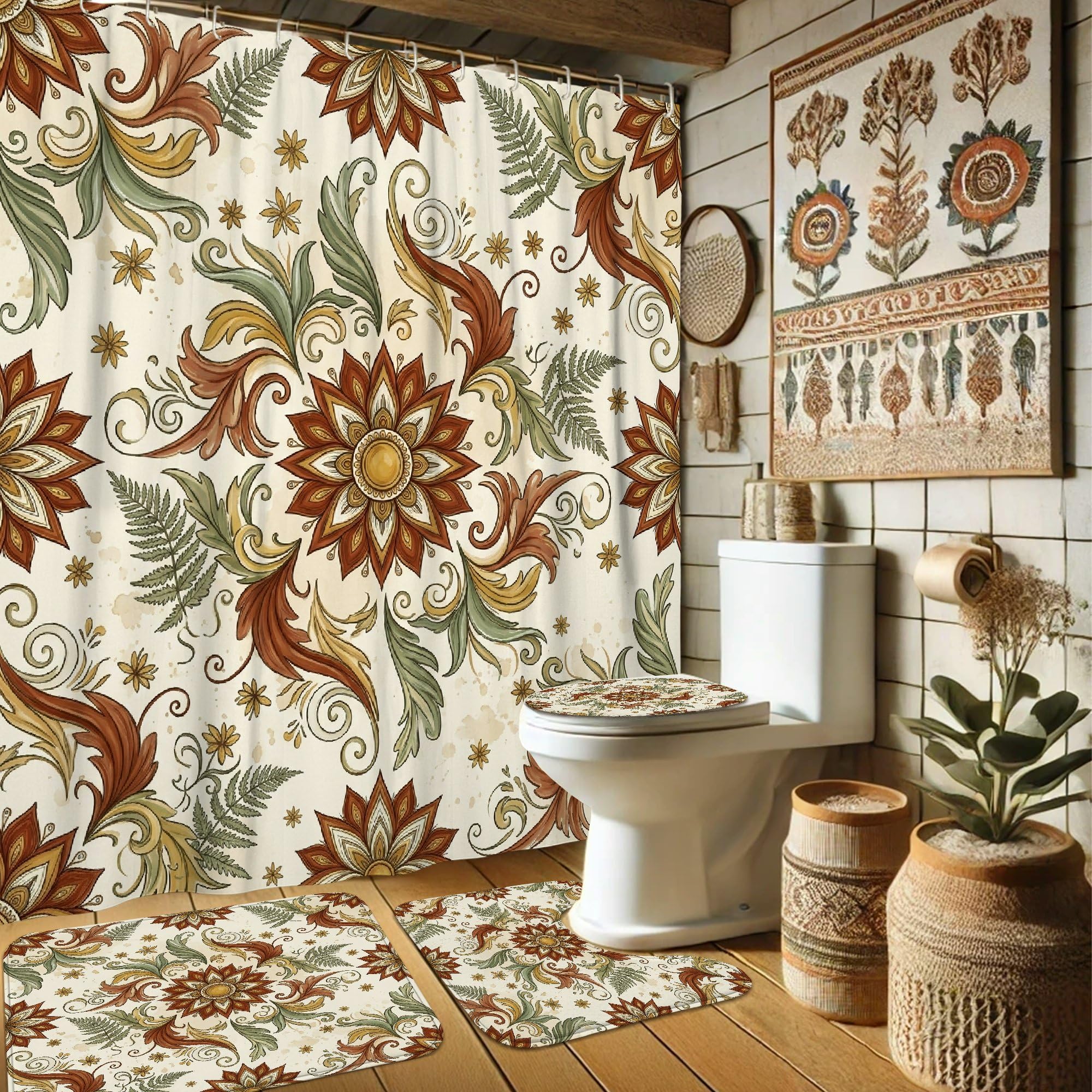Rideau de douche imperméable marron 183 x 183 cm anti-éclaboussures avec tapis