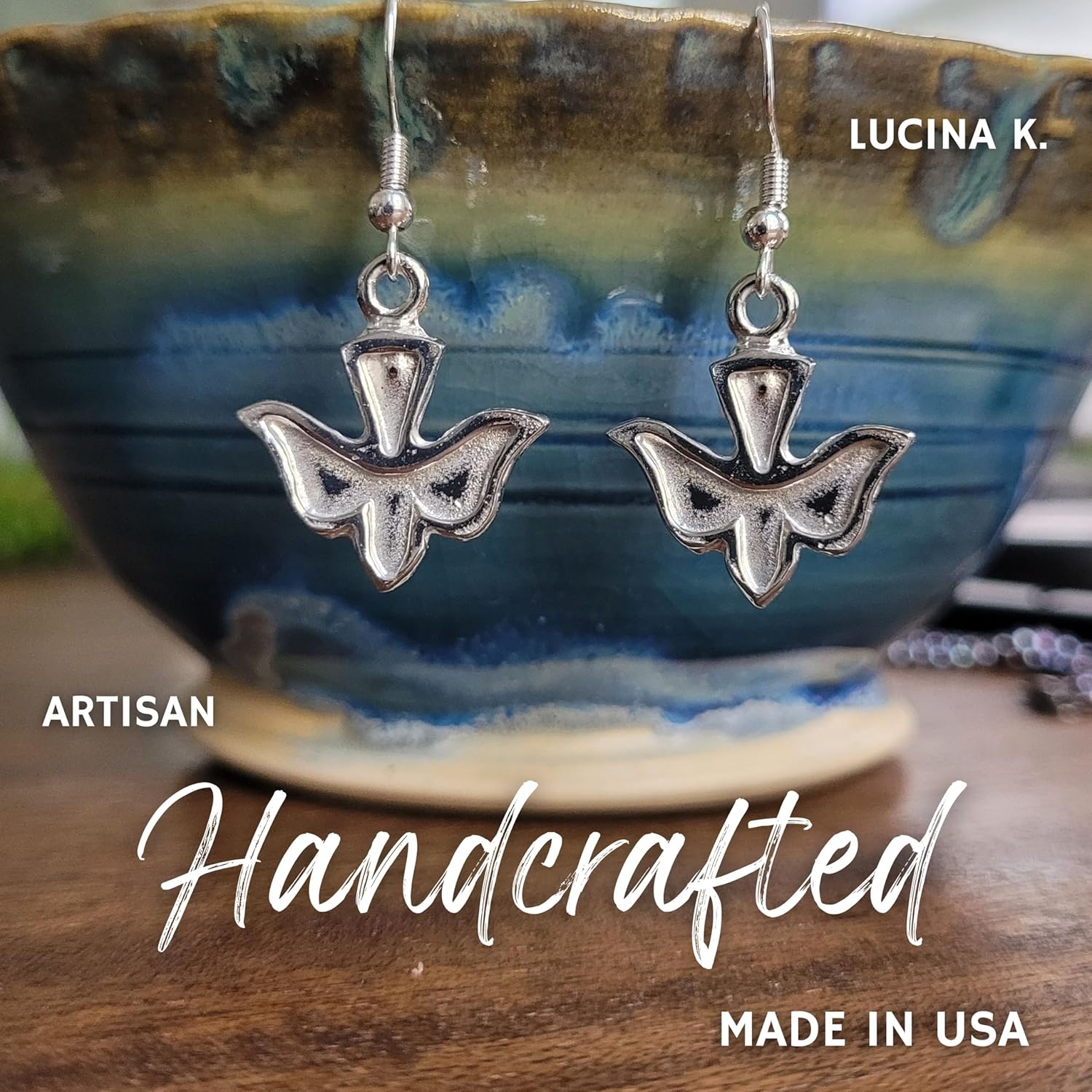 Pewter Holy Spirit Dove Earrings - Gift packaged with Peace and Joy Story Card - Handcrafted in USA