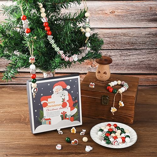 Miniatura 5 de 240 cuentas de madera de Navidad, cuentas de madera de color rojo y verde, muñeco de nieve, pan de jengibre, Papá Noel, ciervo, cuentas para