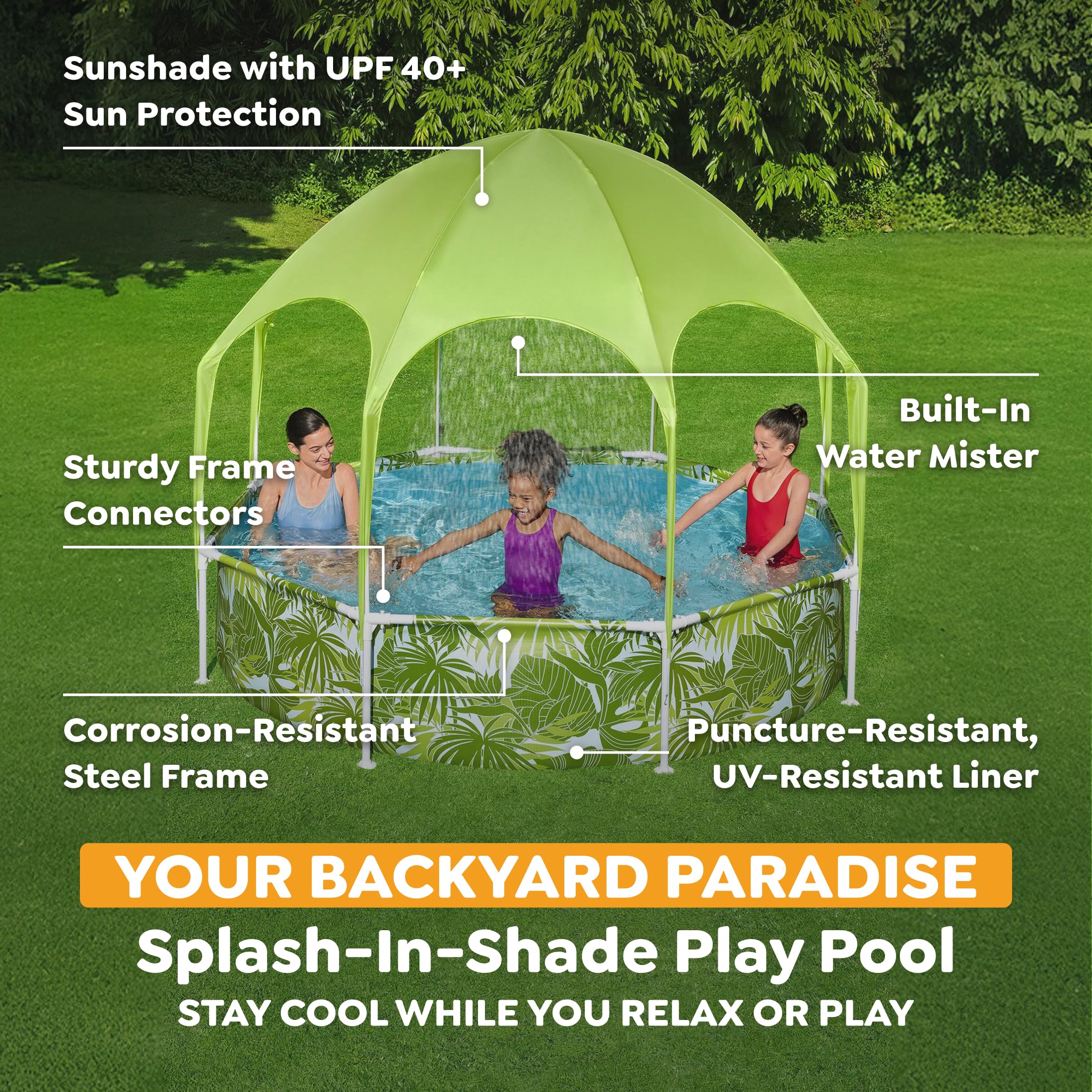 Bestway Steel Pro UV Careful Frame Pool, 244 x 51 cm, Splash-in-Shade, mit Sonnenschutzdach, ohne Pumpe, blau