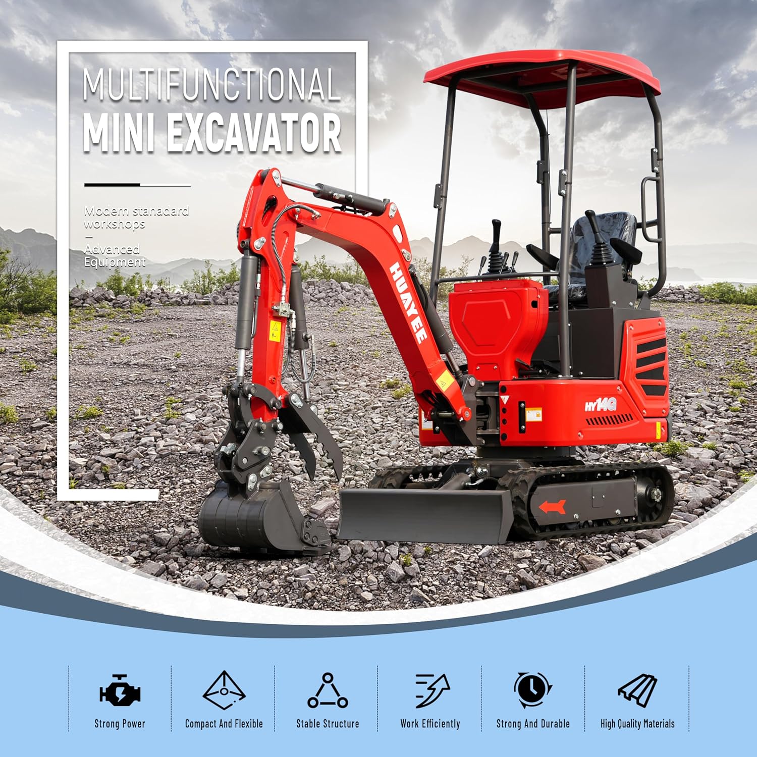 HY14G 1.4T Mini Excavator 14HP KubotaDiesel Engine w/Hydraulic Thumb, Semi-Auto Quick Coupler, Pilot Control & Side Swing - Includes Delivery/Unloading Service