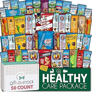 Gift A Snack - Healthy Snack Box Care Package + Greeting Card (50 Count) Xmas Birthday Treats Gift Basket, Nutritious Granola Breakfast Bars Office Food Assortments & Variety Gifts