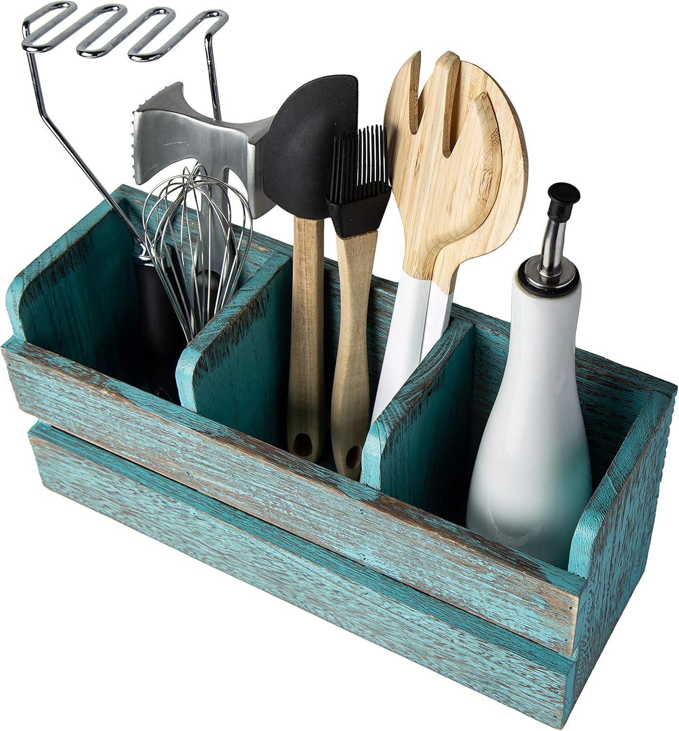 Farmhouse Utensil Organizer for Kitchen Countertop - Wooden Utensil Crock with 3 Large Storage Compartments & Hanging Option - Rustic Spatula Holder Caddy in Distressed Blue - Size : Home & Kitchen