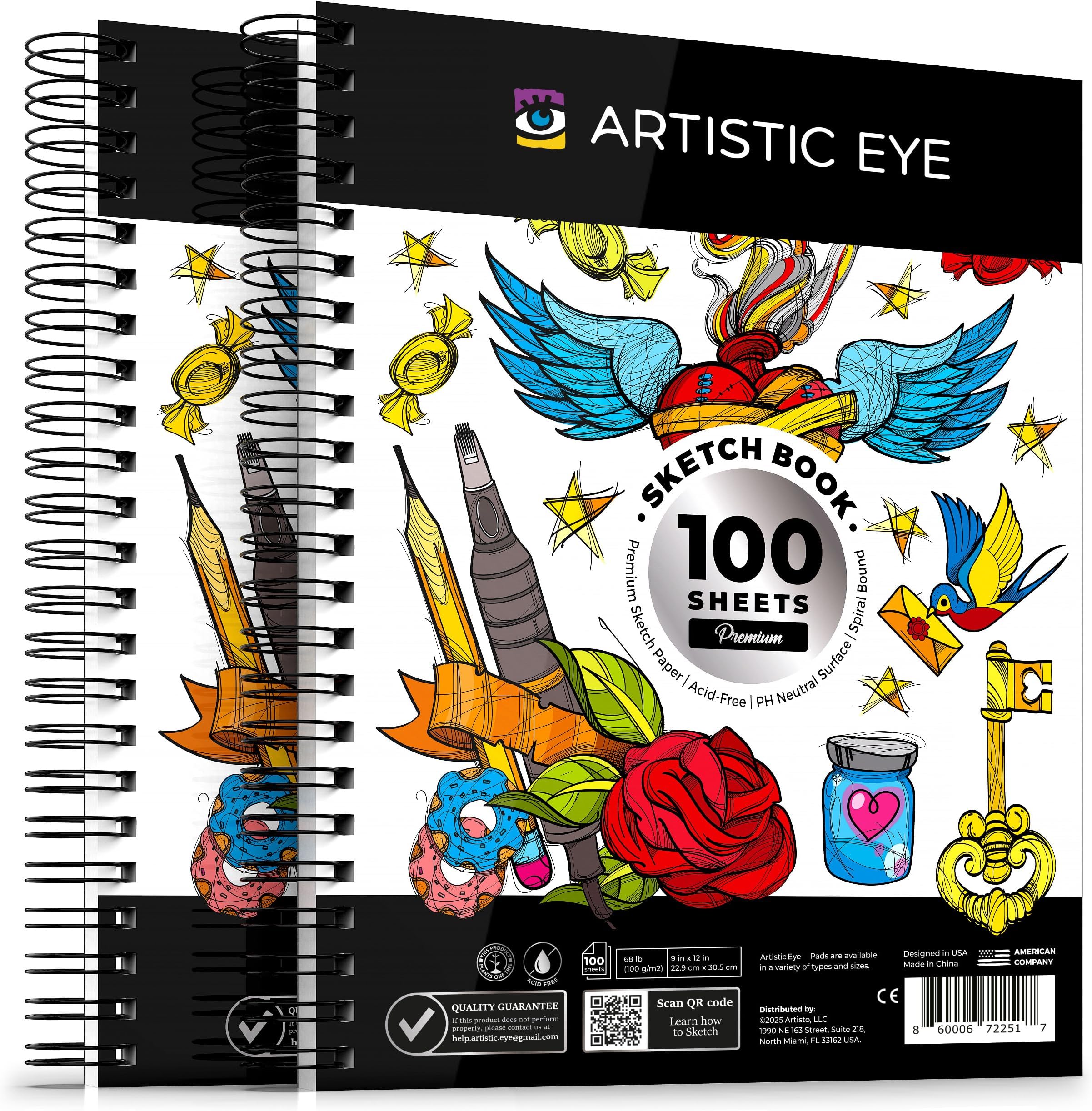 9x12 Premium Sketch Book Set, 100 Sheets, Spiral Bound, 68lb (100gsm), Acid-Free Drawing Paper, Ideal for Kids, Teens & Adults (Set of 2)