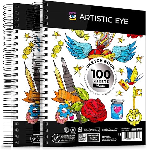 Miniatura 6 de ARTISTIC EYE Juego de cuadernos de bocetos prémium de 9 x 12, 100 hojas, encuadernado en espiral, 68 libras (3.53 oz/m²), papel de dibujo sin 1