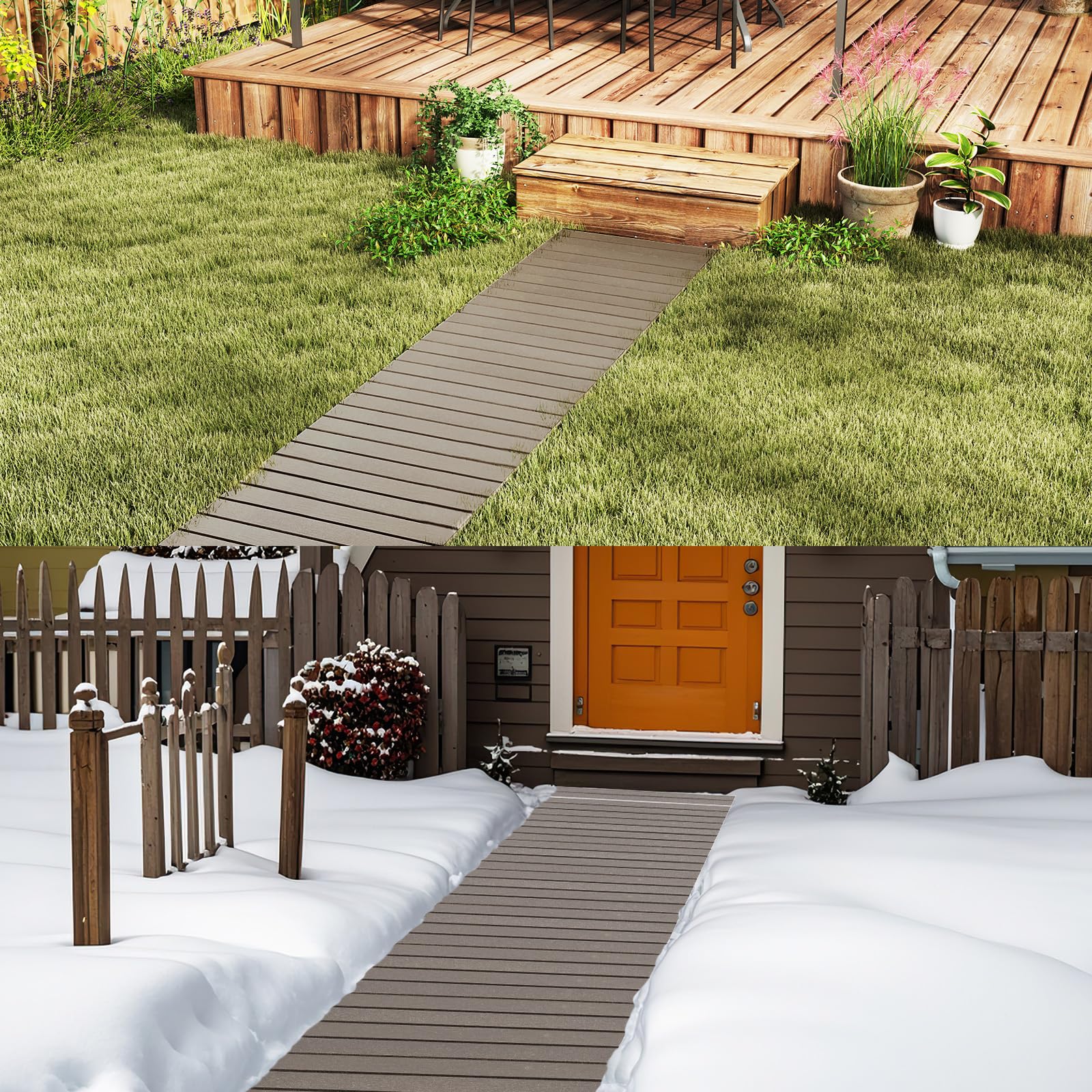 RELAX4LIFE Rollweg wetterfest, Gartenweg aus HDPE, 242 x 55 cm, Gehweg ausrollbar, Gehwegplatte mit Metallverbindung & simulierter Holzmaserung, Trittplatte für Garten, Terrasse, Hochzeit, Party, Grau