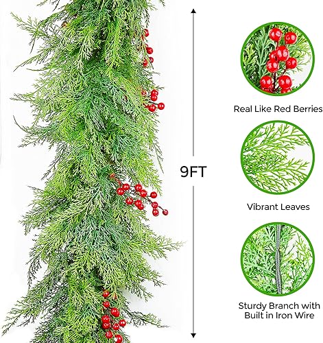 Miniatura 6 de Guirnalda de Navidad de 9 pies, guirnalda de ciprés de cedro artificial con bayas rojas, guirnalda de pino sintético flexible para mesa, escaleras,