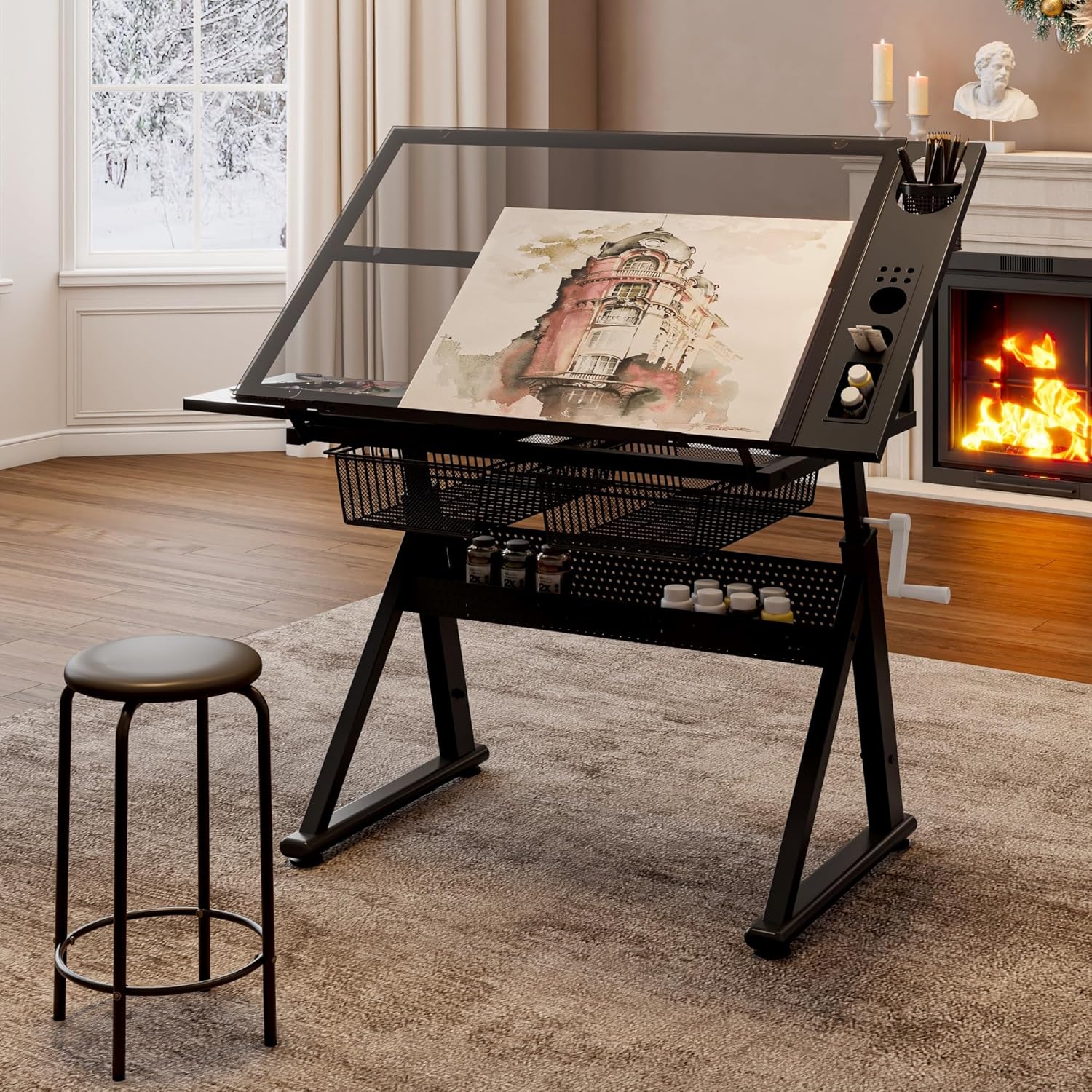 Adjustable Drafting Table with Extended Height and Storage Drawers - Ideal for Drawing, Painting, and Drafting Workstations(Black)