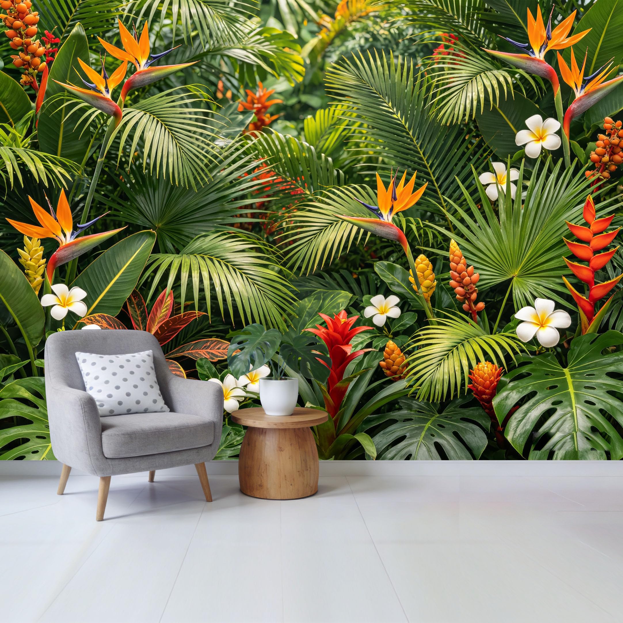 Qzlithotic Yq2605251171 Custom Size Wall Mural Tropical Bird Of Paradise Flower Plumeria Palm Leaf Jungle Botanical Selfadhesive Wall Fabric Removable Wallpaper For Home Office Decor