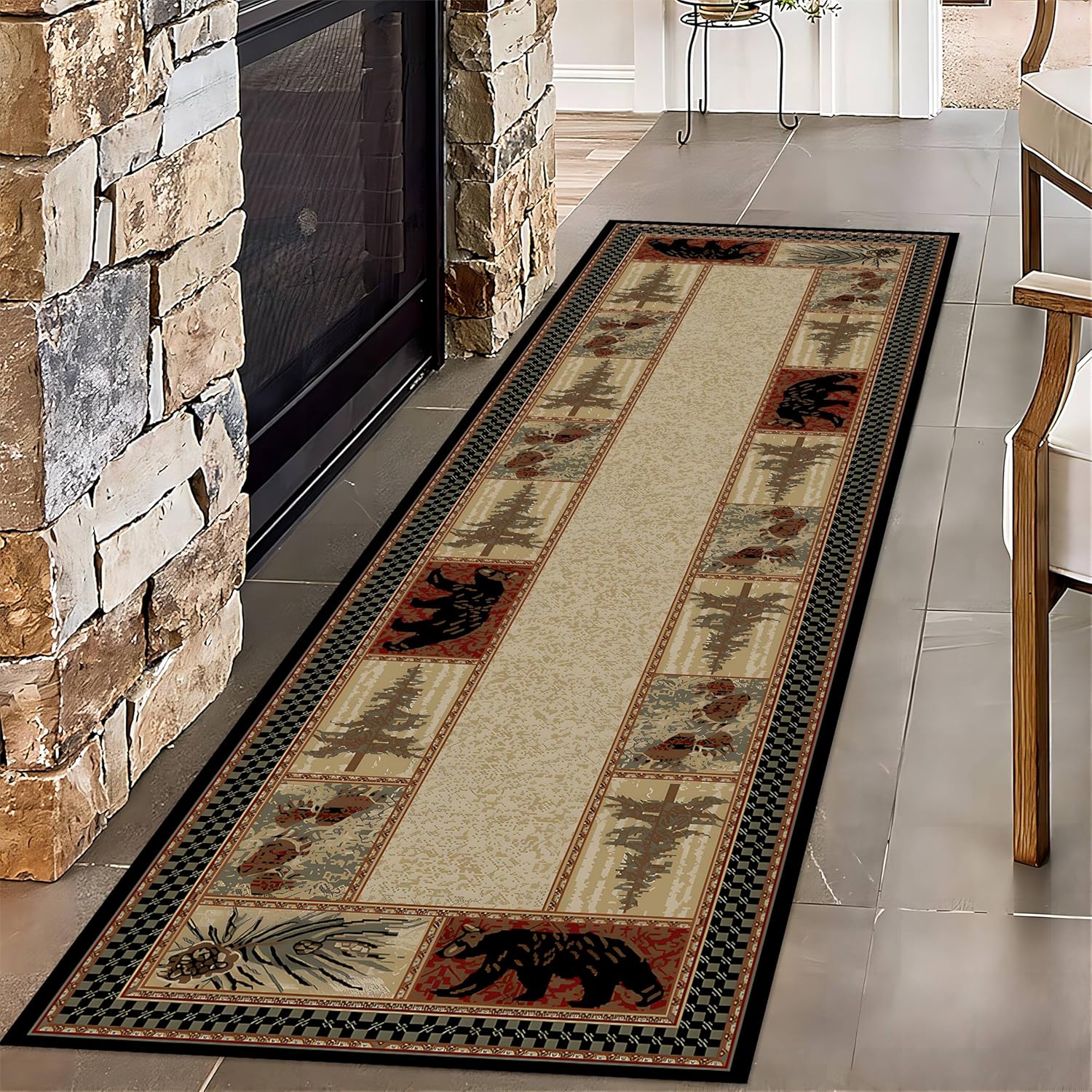 Bear Rugs for Rustic, 2x10ft,Maple Pine Cone Forest Cabin Rugs,Washable Farmhouse Lodge Geometric Splicing Design Hallway Rug, for Entrance Kitchen Runner Carpet with Non Slip Backing