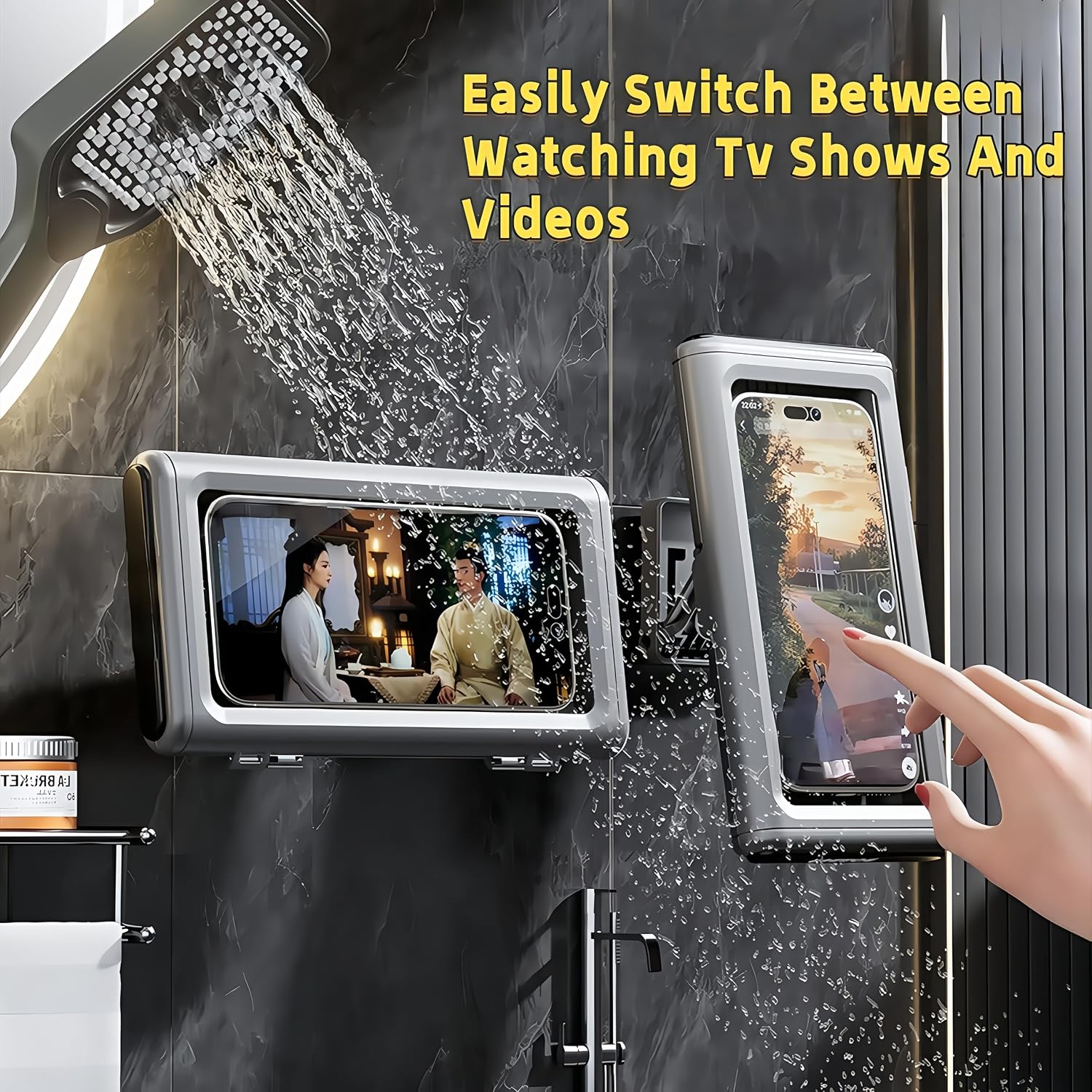 360° Shower Phone Holder Waterproof with Rotating Mount - Shower Phone Pouch for 4-7 Inch Devices - Adjustable, Touchscreen-Friendly, No-Drill Design for Bathroom, Kitchen & Gym