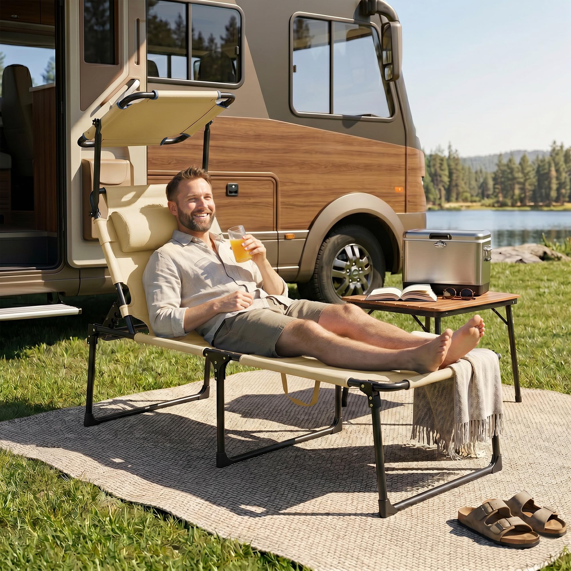 Outsunny Tumbona Plegable, Tumbona Jardín Exterior con Toldo Ajustable, Respaldo Regulable en 4 Niveles, Reposacabezas, Cojín Grueso, para Terraza, Piscina, 70x200x45 cm, Crema