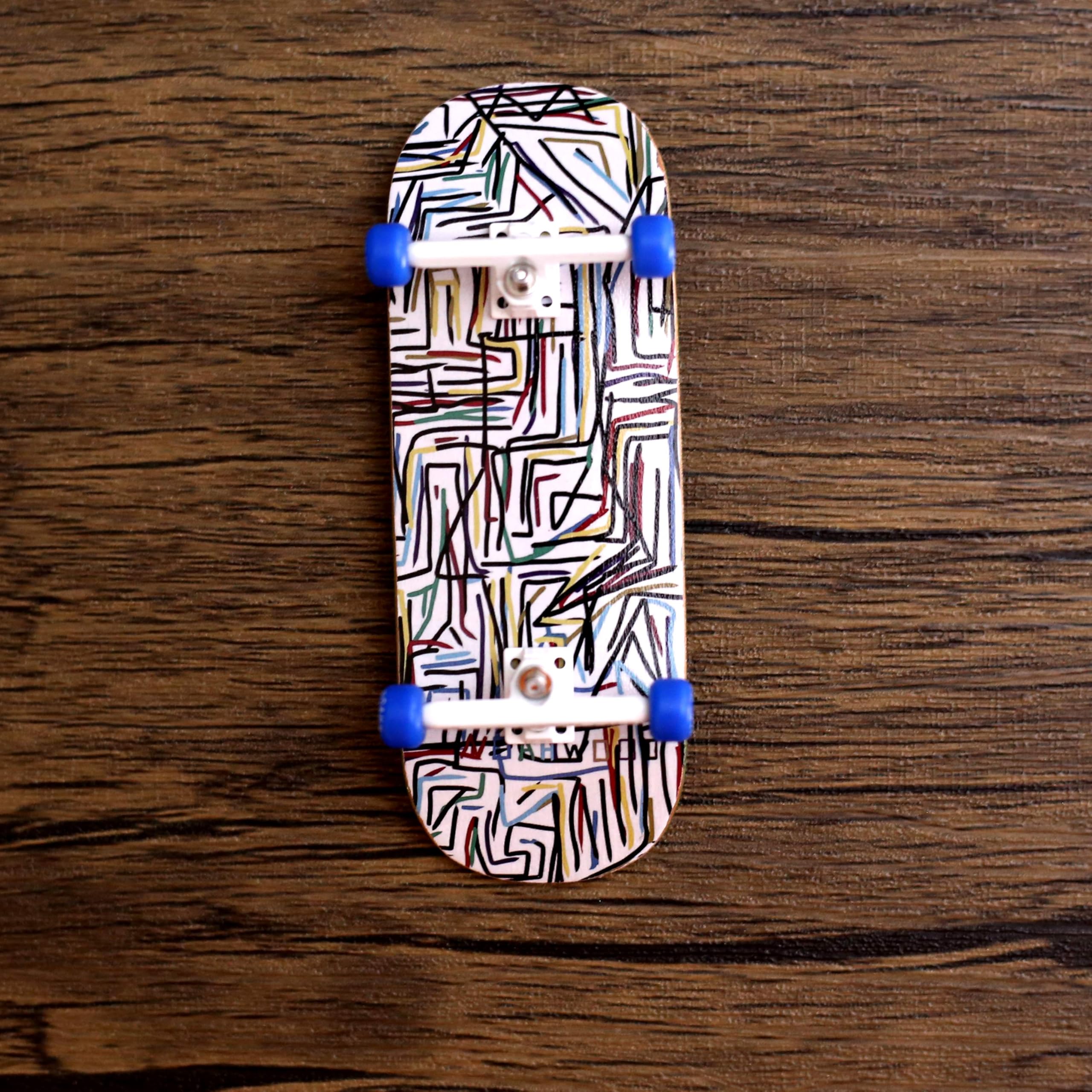 NOAHWOOD NW14.0 Fingerboard Complete (Short Nose Short Tail Deck 98x35.5mm 5-Layer Color Maple Pro concave Design Mini Skateboard Deck) +Pro 36mm Hex White Truck + Blue Wheel (Line)