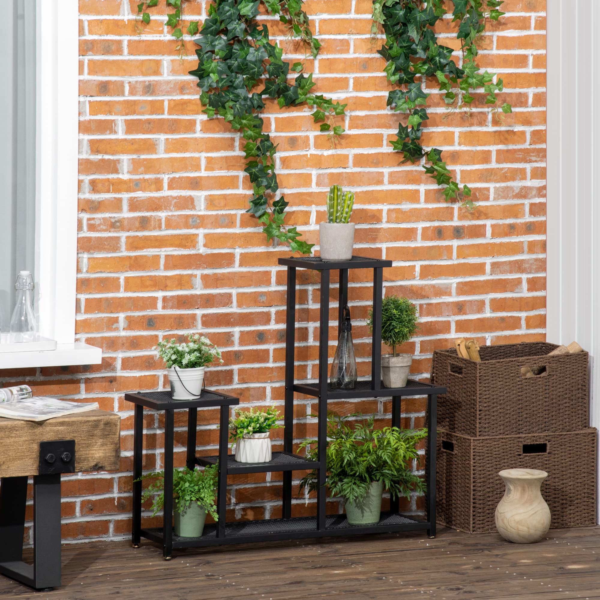 Outsunny 4-Etagen Pflanzenständer, 83cm hoch Blumenständer für Innen Außen, Pflanzenregal aus Metall, mehrstöckig Blumenregal, Blumentopfständer für Wohnzimmer, Garten Balkon Deko, Schwarz