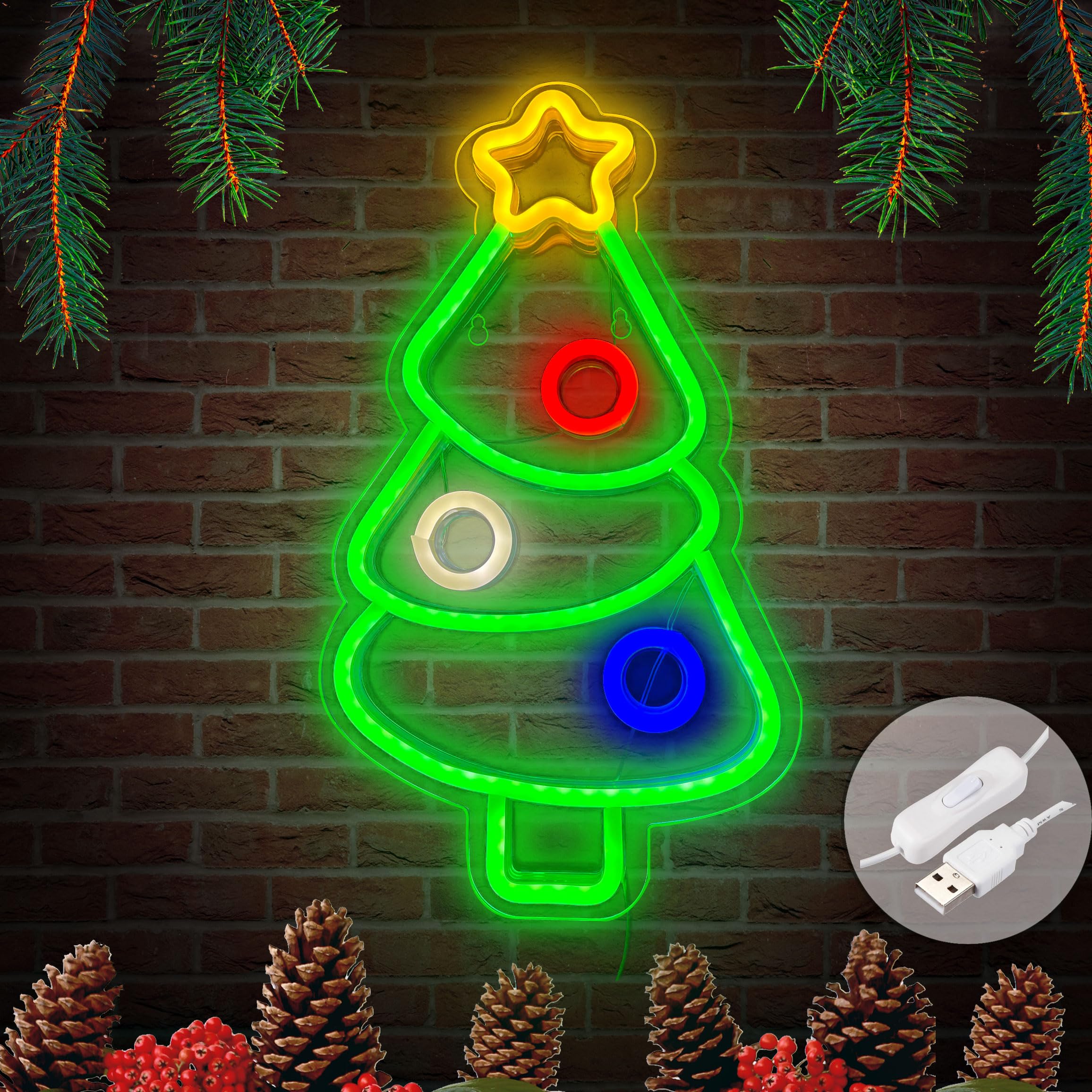 Letreros de neón de Navidad para decoración de pared, funciona con USB, luces decorativas para el hogar, oficina, bar, pub, club, fiesta, idea de regalo (árbol de Navidad)
