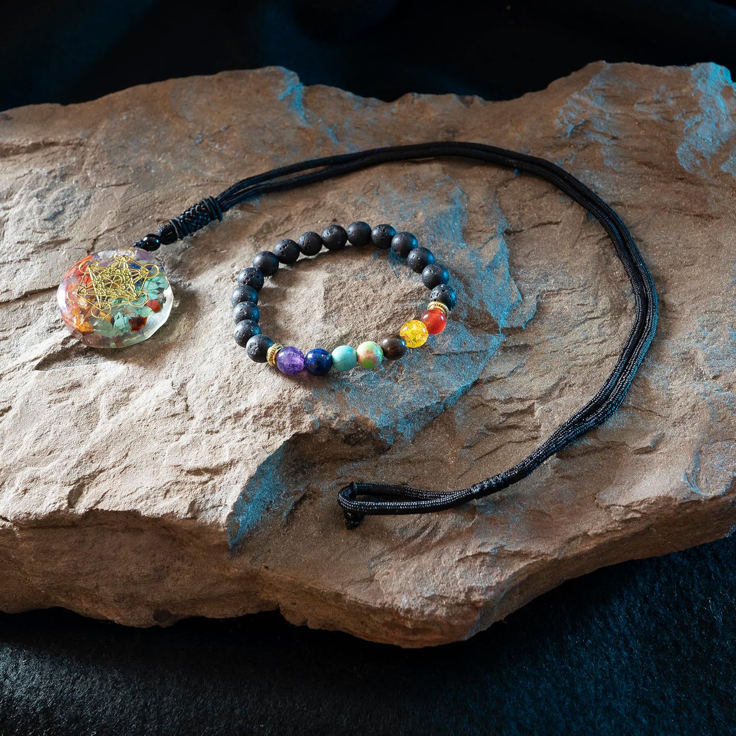 7 Chakra Lava Bracelet and Orgone Pendant Necklace with Adjustable Cord Healing Set – Chakra Jewelry Set for Women & Men for Spiritual Healing - Image 2