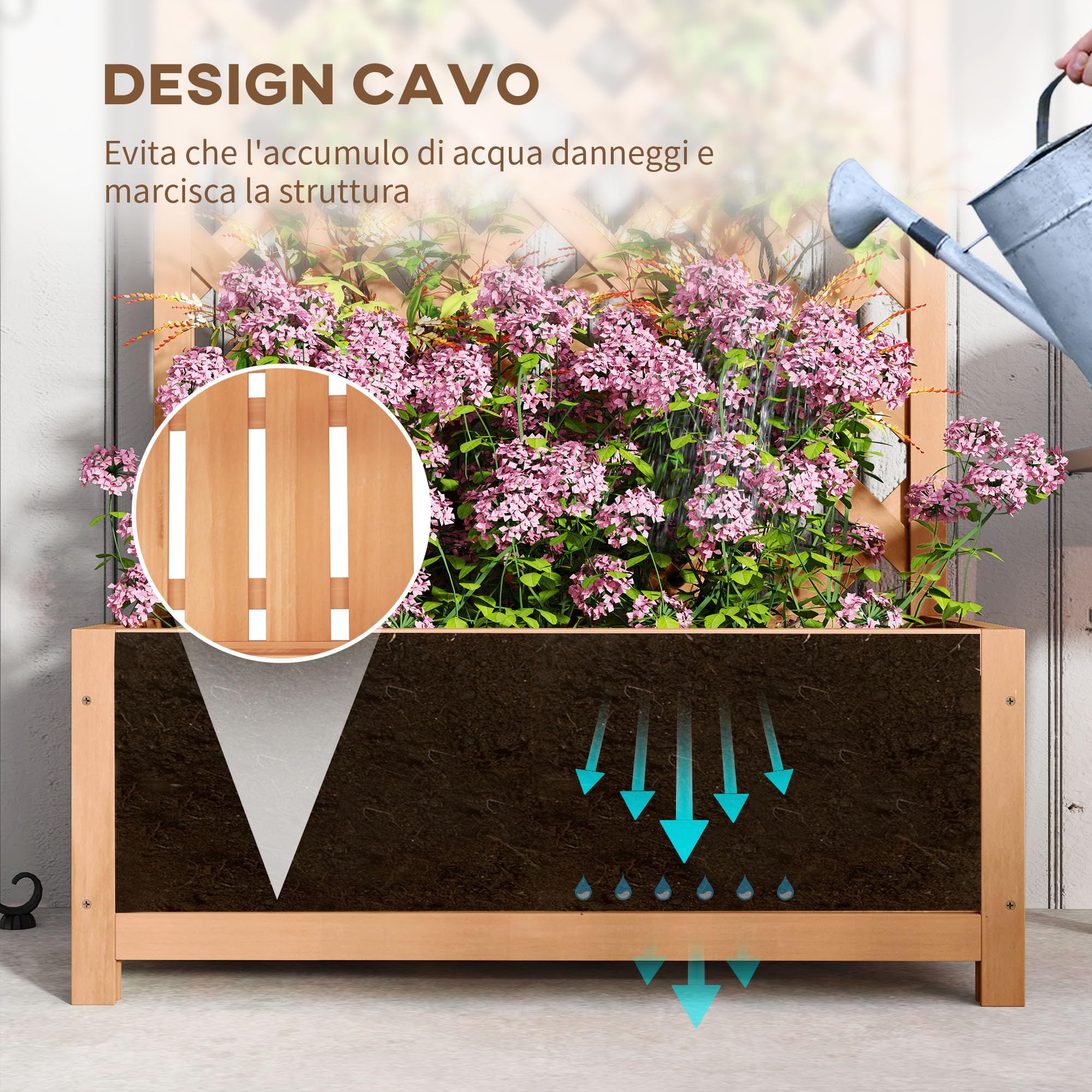Outsunny Letto per Orto Rialzato da Esterno con Grigliato, Fioriera da Esterno con Traliccio per Piante Rampicanti in Legno di Abete, per Fiori e Verdure, per Giardino e Balcone, 76x36x170 cm, Marrone